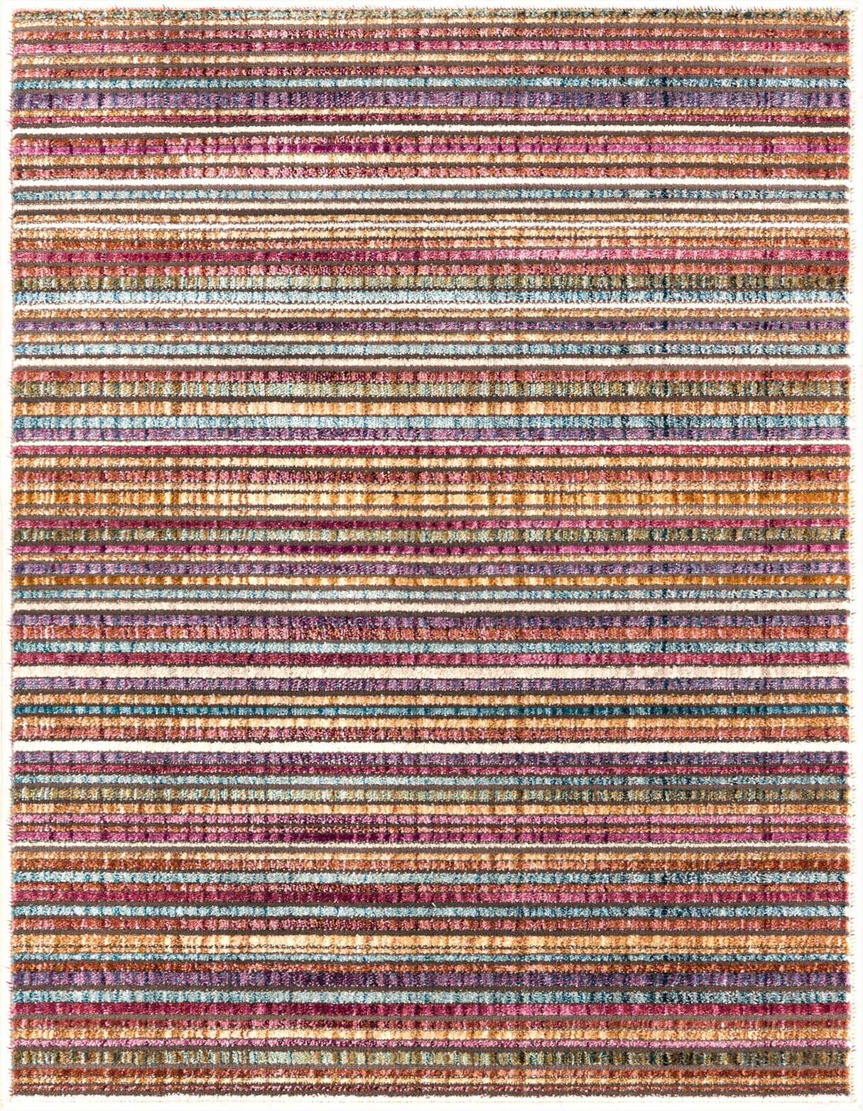 A 2x3 multi-colored rectangular rug featuring horizontal stripes in various shades of purple, blue, pink, orange, and brown.