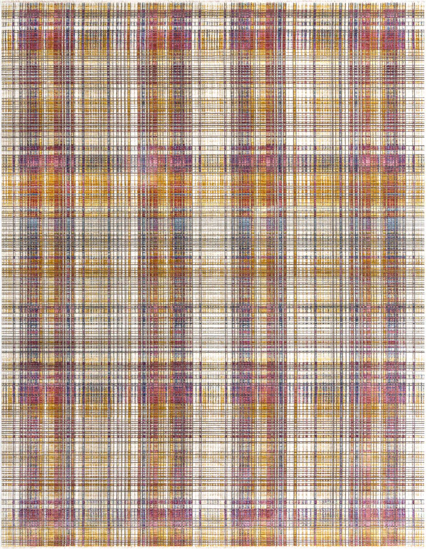 A 10x14 rectangular multi-colored plaid rug with a flat, textured pile, featuring shades of red, gold, purple, and blue.