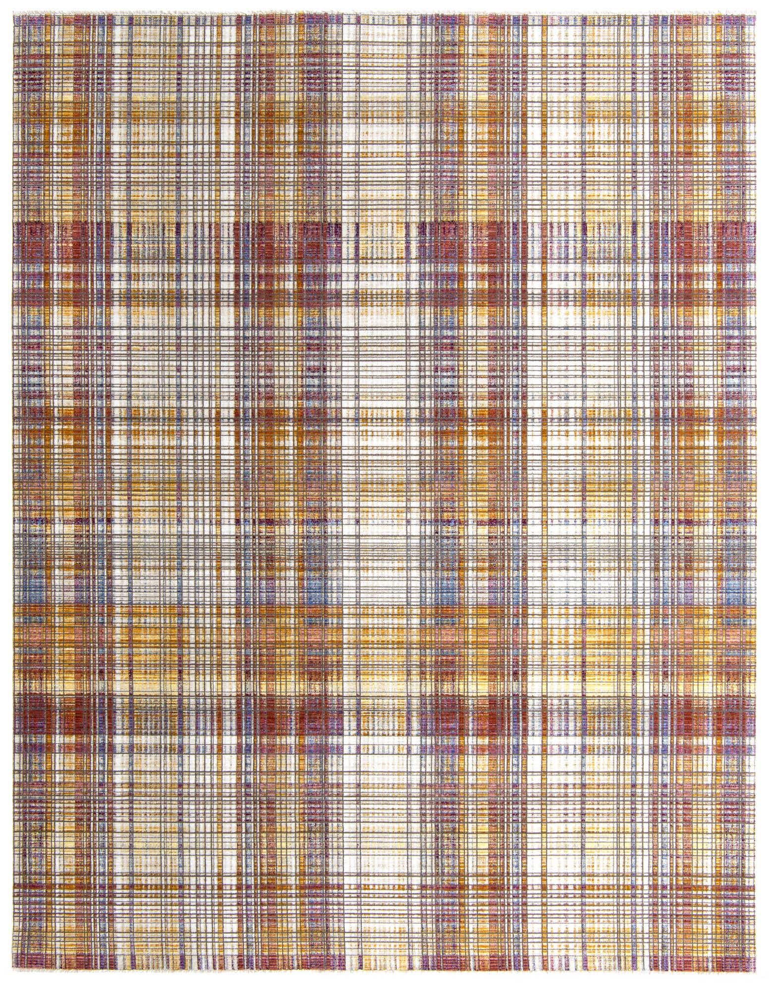 A 9x12 multi-colored rectangular area rug with a plaid-like pattern, featuring shades of red, orange, blue, and purple on a light background.
