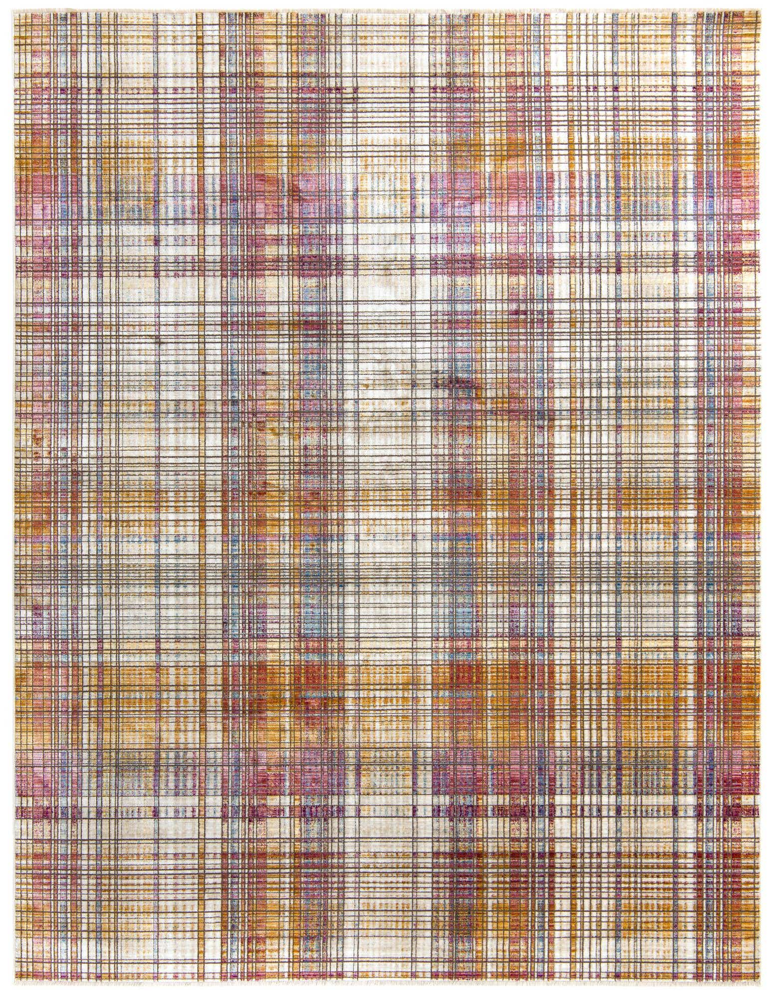 A multi-colored 8x10 rectangular area rug with a plaid-like pattern, featuring shades of red, orange, blue, and purple on a light background.