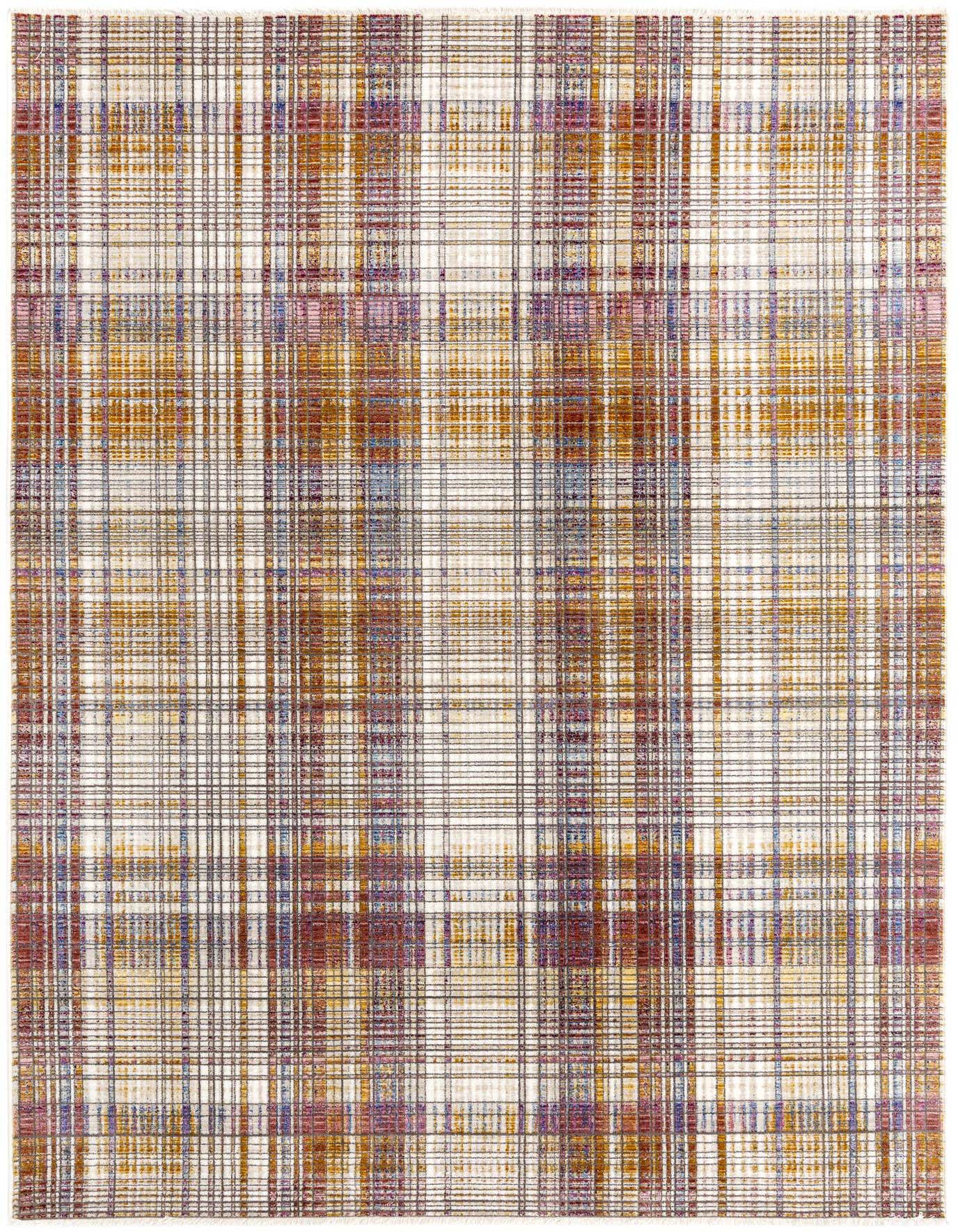 A 6x9 rectangular multi-colored plaid rug with traditional and modern influences, featuring shades of gold, blue, purple, and red.