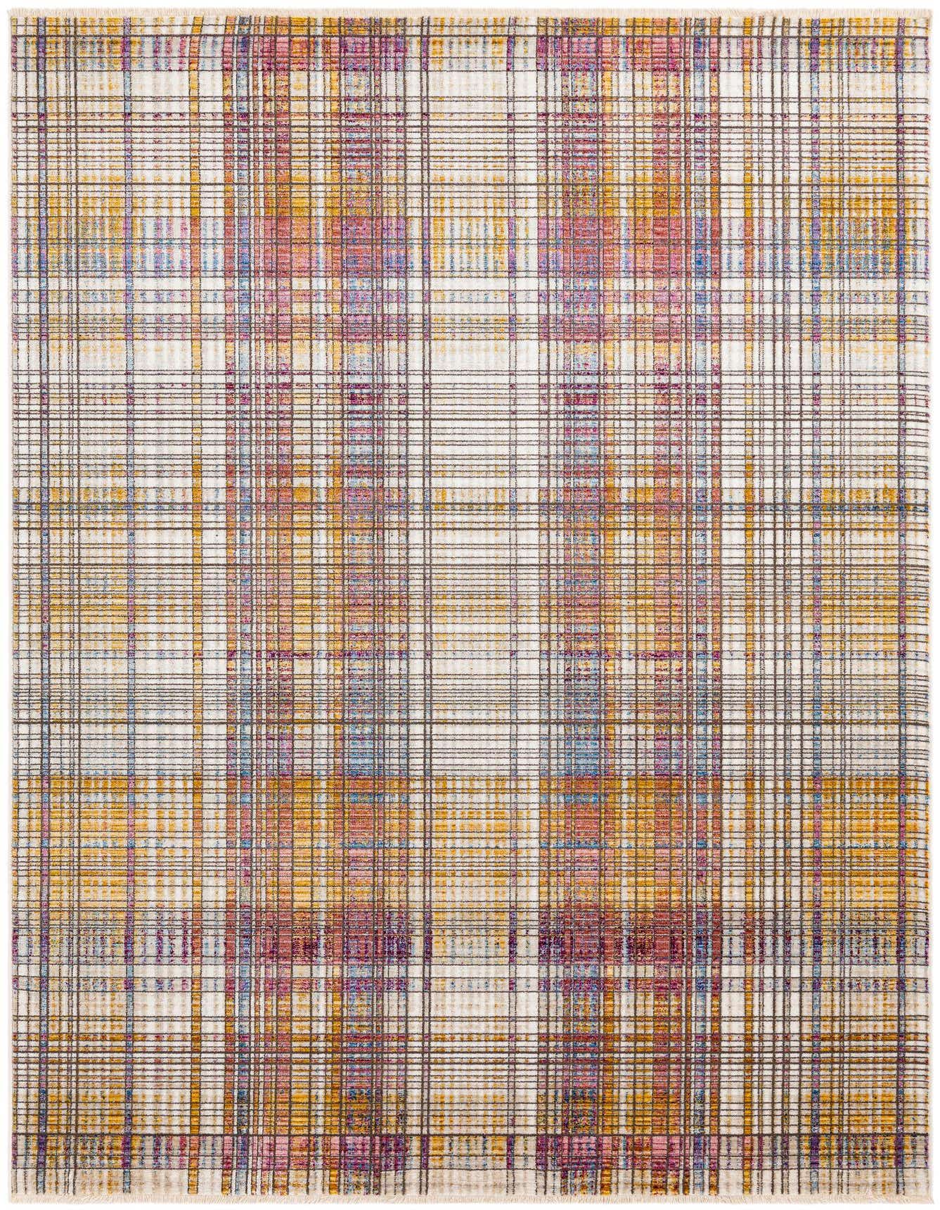 A rectangular 5x8 multi-colored plaid rug with a flat pile, featuring shades of gold, blue, pink, and purple, suitable for a living room.