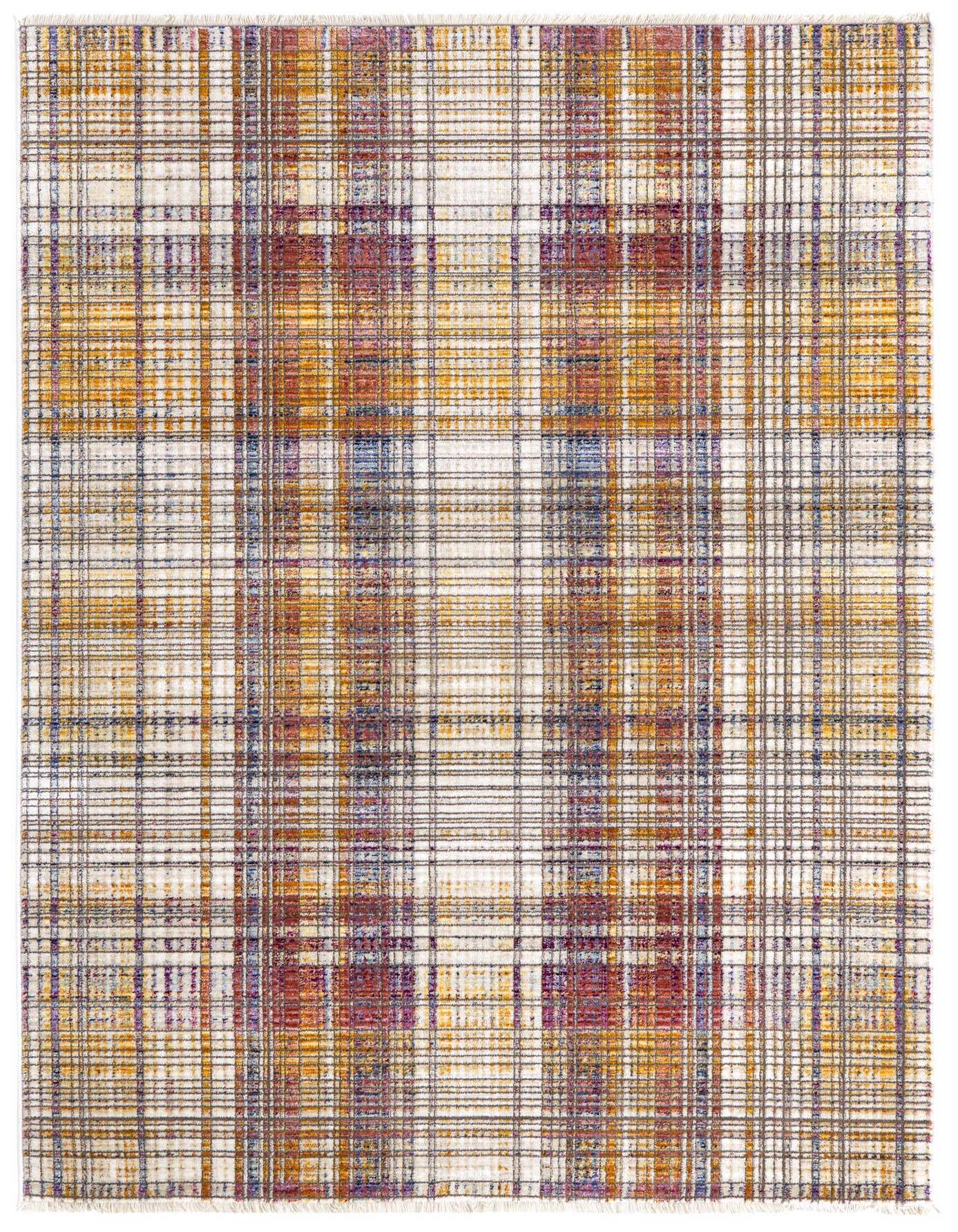 A 4x6 rectangular Deepa rug from Rugs.com featuring a multi-colored plaid pattern with shades of orange, purple, blue, and white, suitable for a living room.