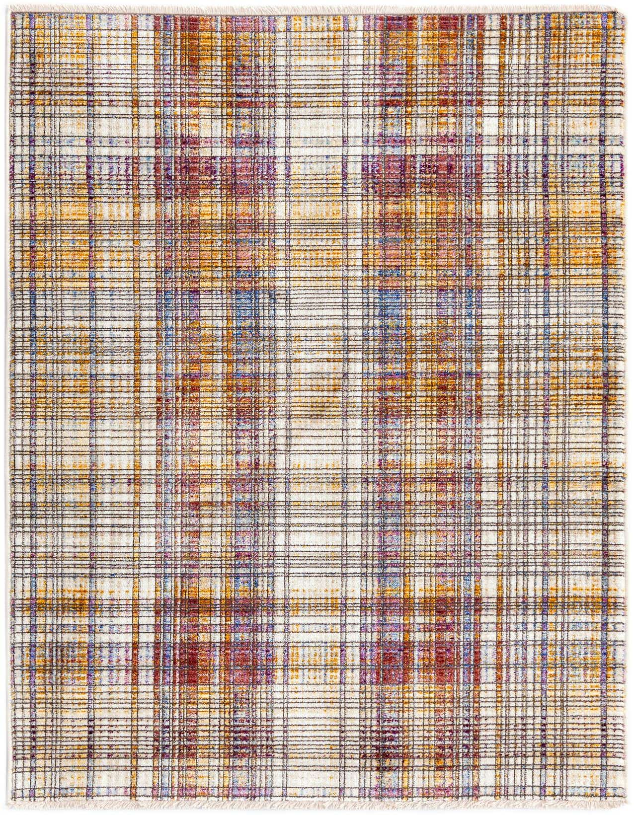 A 3x5 rectangular Deepa rug from Rugs.com featuring a multi-colored plaid pattern with shades of orange, red, blue, and purple on a cream background.