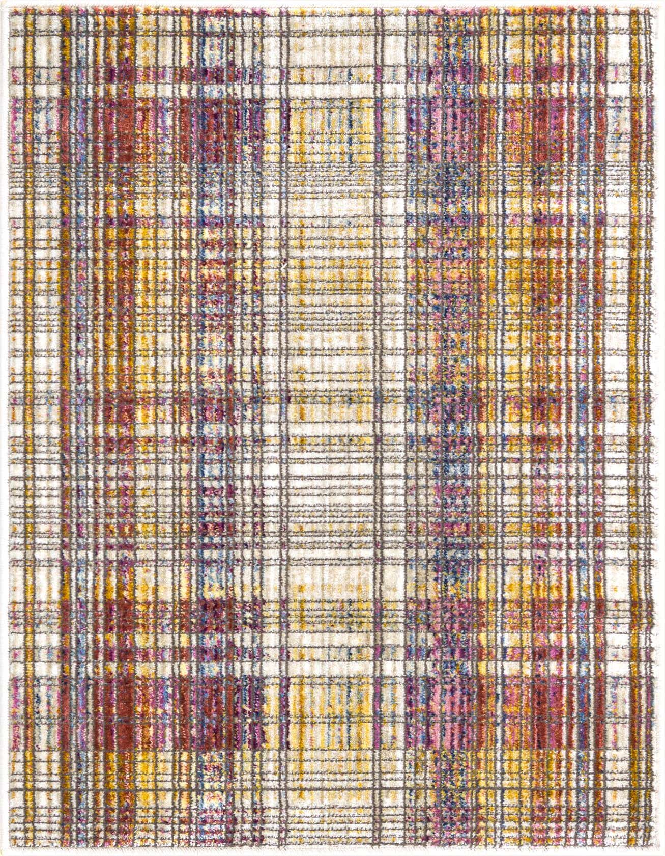 A rectangular 2x3 multi-colored rug with a plaid-like pattern featuring shades of red, yellow, blue, and purple on a cream background.