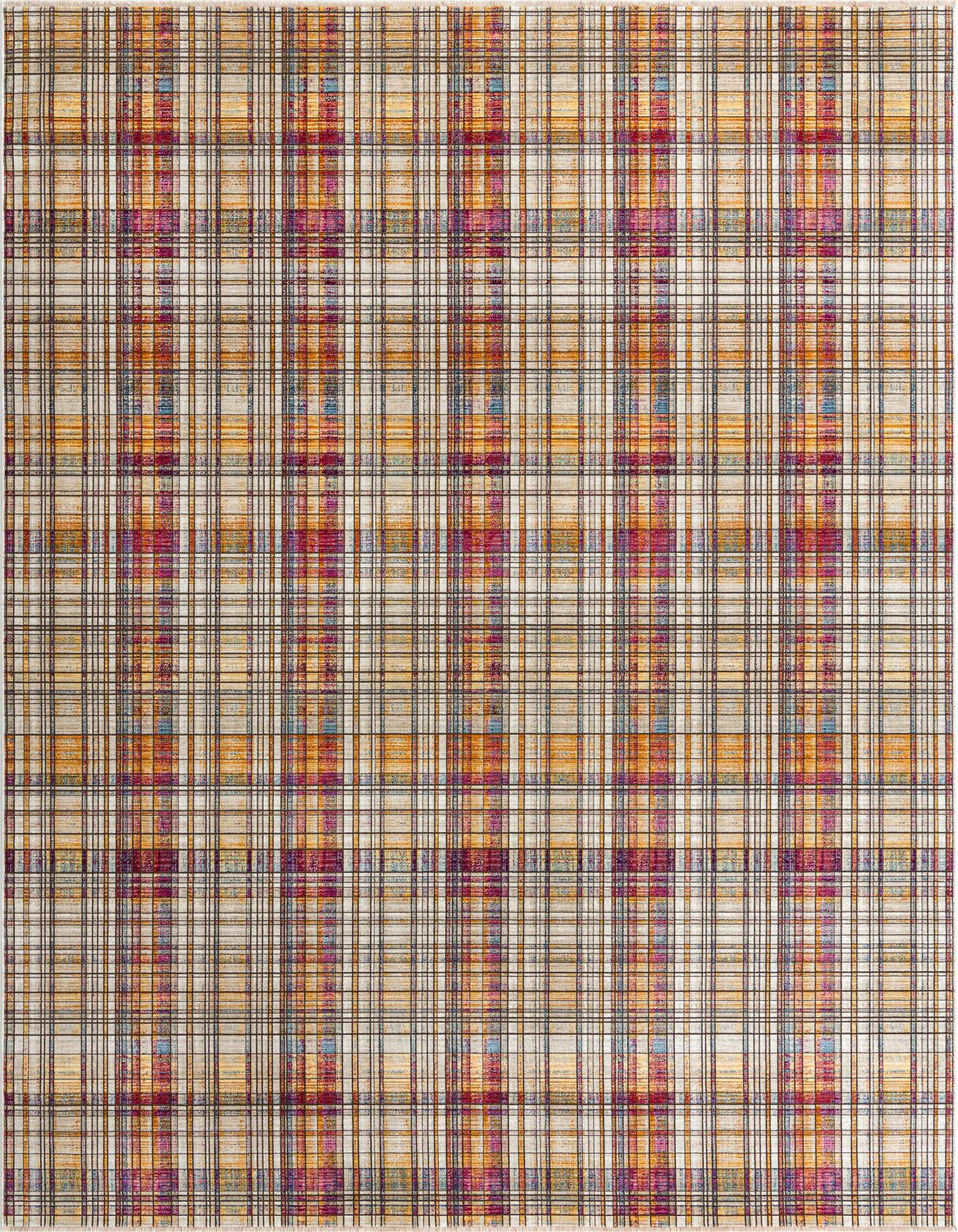 A 9x12 multi-colored rectangular area rug featuring a vibrant plaid pattern with shades of orange, red, purple, and blue.