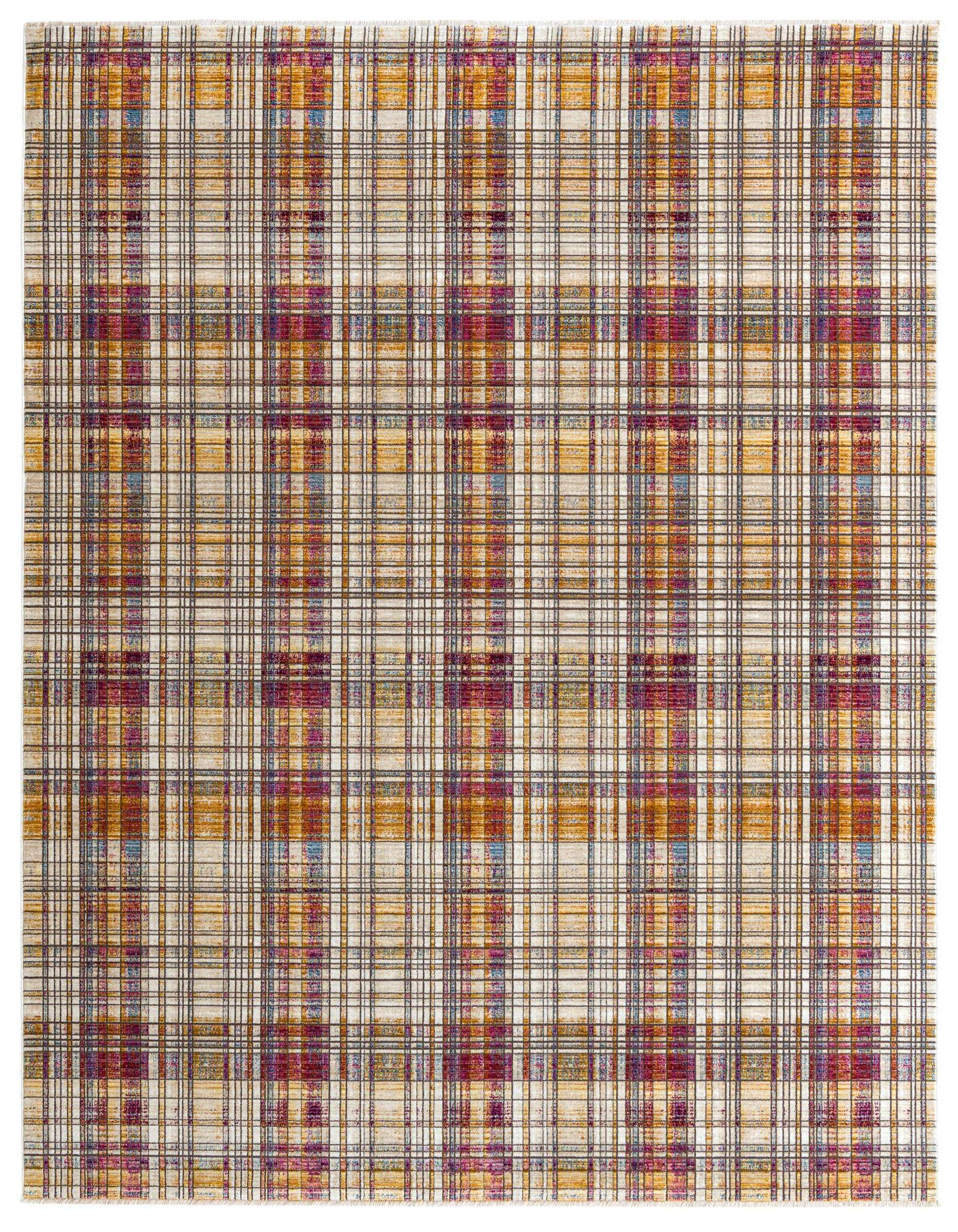 A rectangular 8x10 Deepa rug featuring a multi-colored plaid pattern with shades of red, gold, purple, and blue on a light background, suitable for a living room.