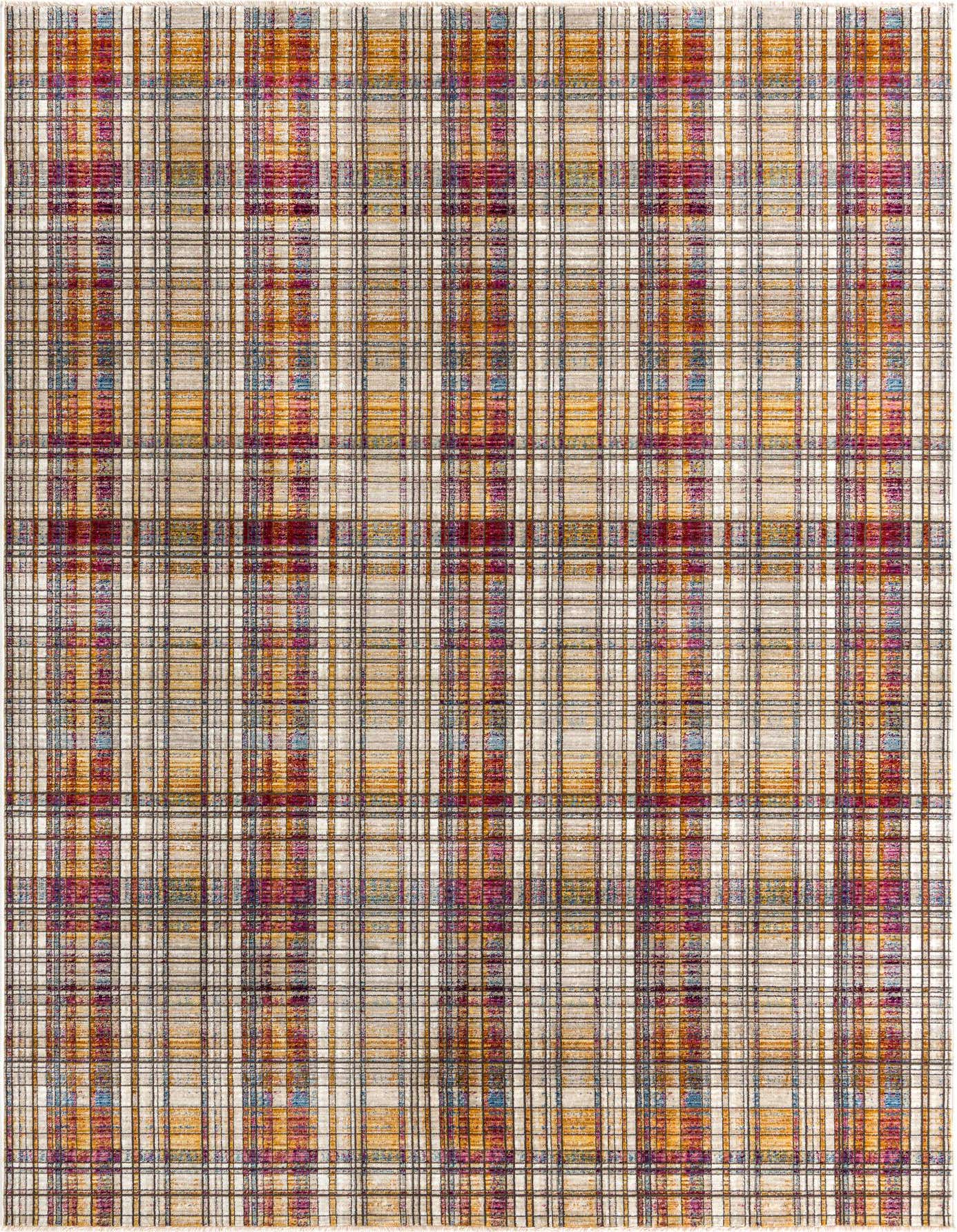 A rectangular 6x9 multi-colored plaid rug with a mix of gold, red, purple, and blue tones, suitable for a living room.