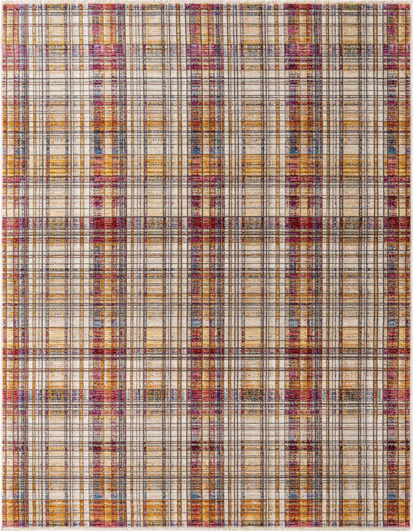 A 5x8 rectangular multi-colored plaid rug with a flat, textured pile, featuring shades of red, orange, blue, and purple on a cream background.