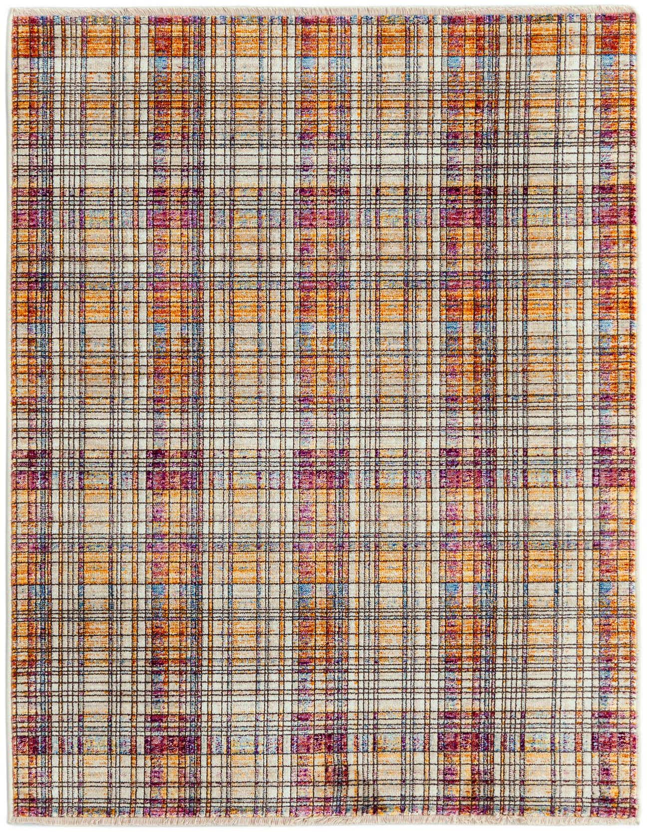 A 3x5 rectangular multi-colored rug with a plaid pattern, featuring shades of orange, purple, and blue on a light background, suitable for a patio.
