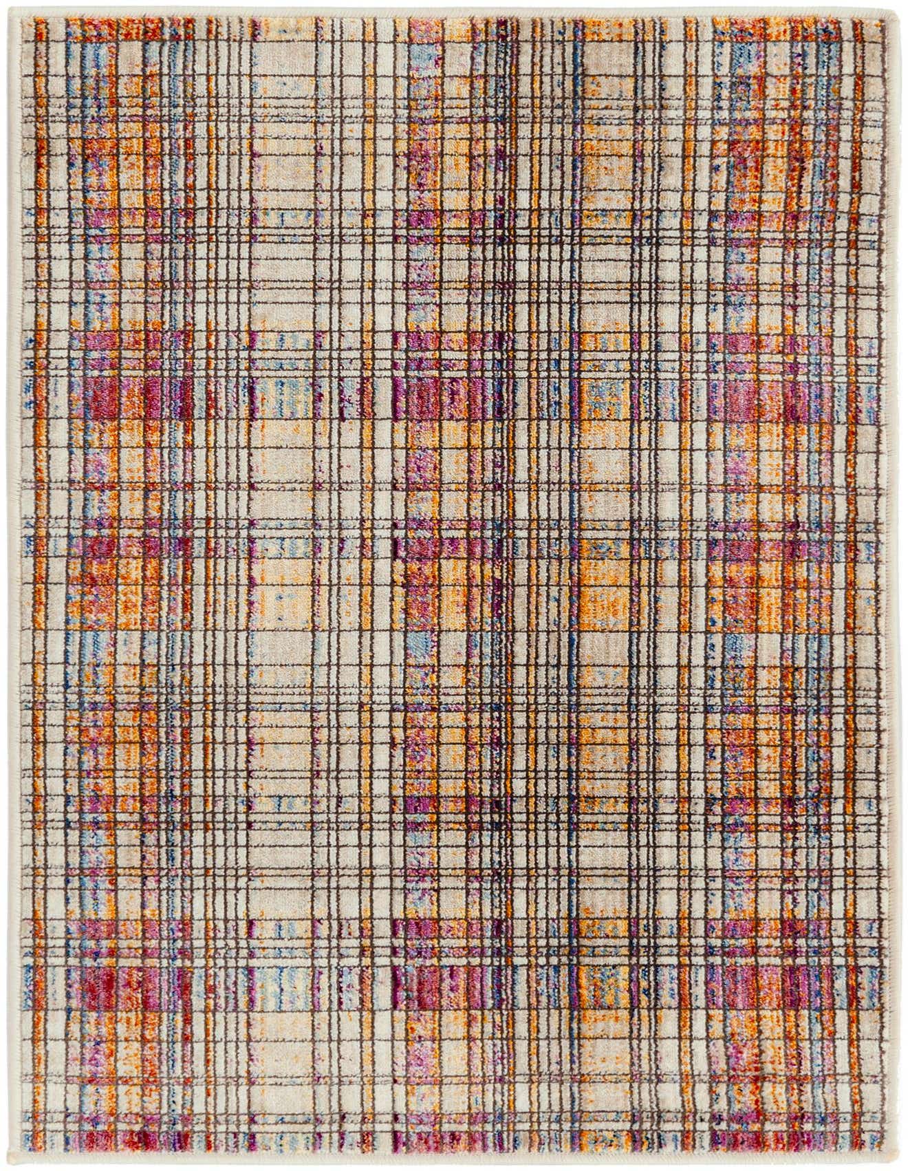 A 2x3 rectangular Deepa rug featuring a multi-colored plaid pattern with shades of orange, blue, purple, and yellow on a cream background, ideal for a patio.