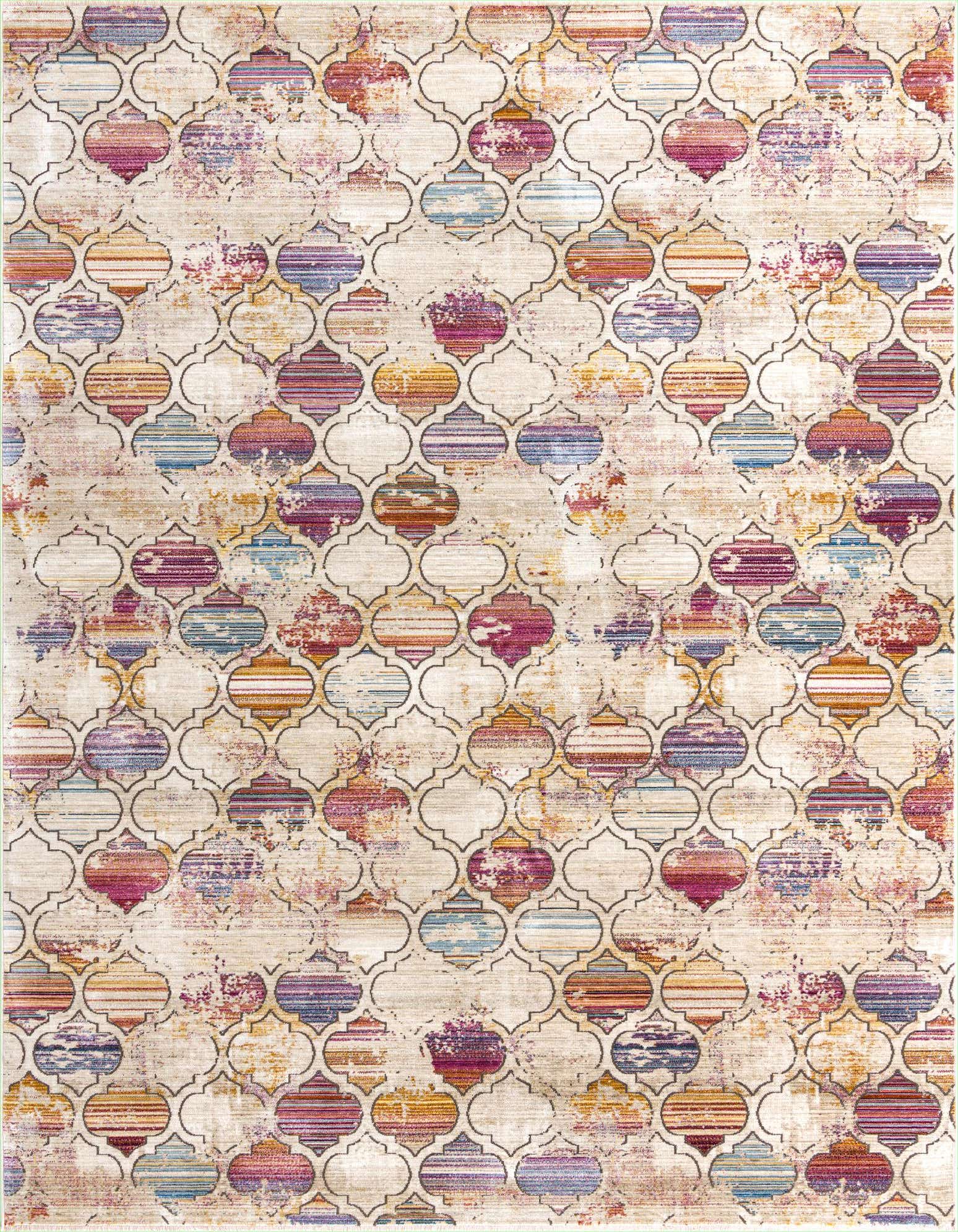 A 9x12 multi-colored rectangular area rug featuring a distressed Moroccan trellis pattern with vibrant stripes and abstract washes of color.