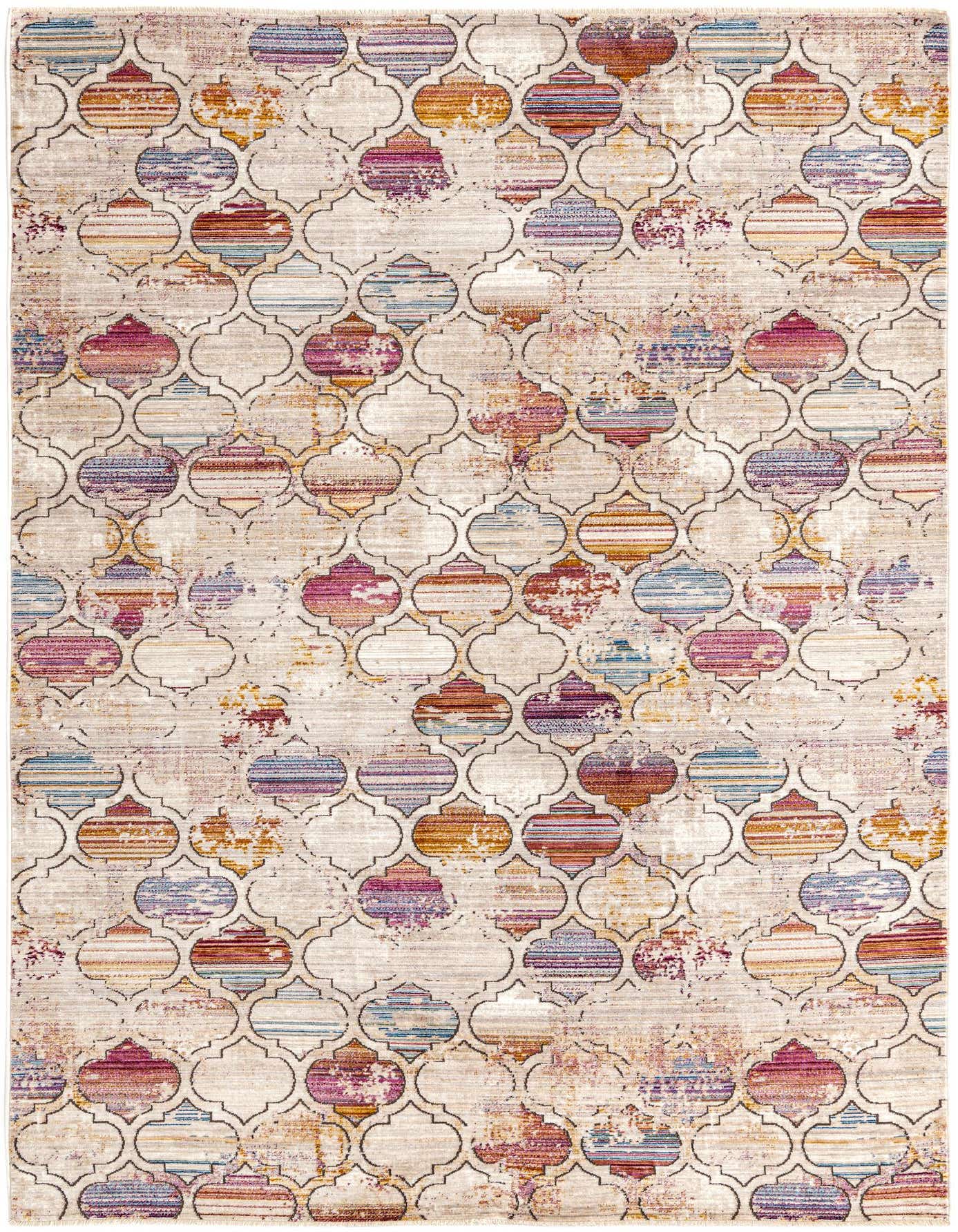 A 6x9 multi-colored rectangular rug with a distressed Moroccan trellis pattern, featuring vibrant stripes within each quatrefoil shape.