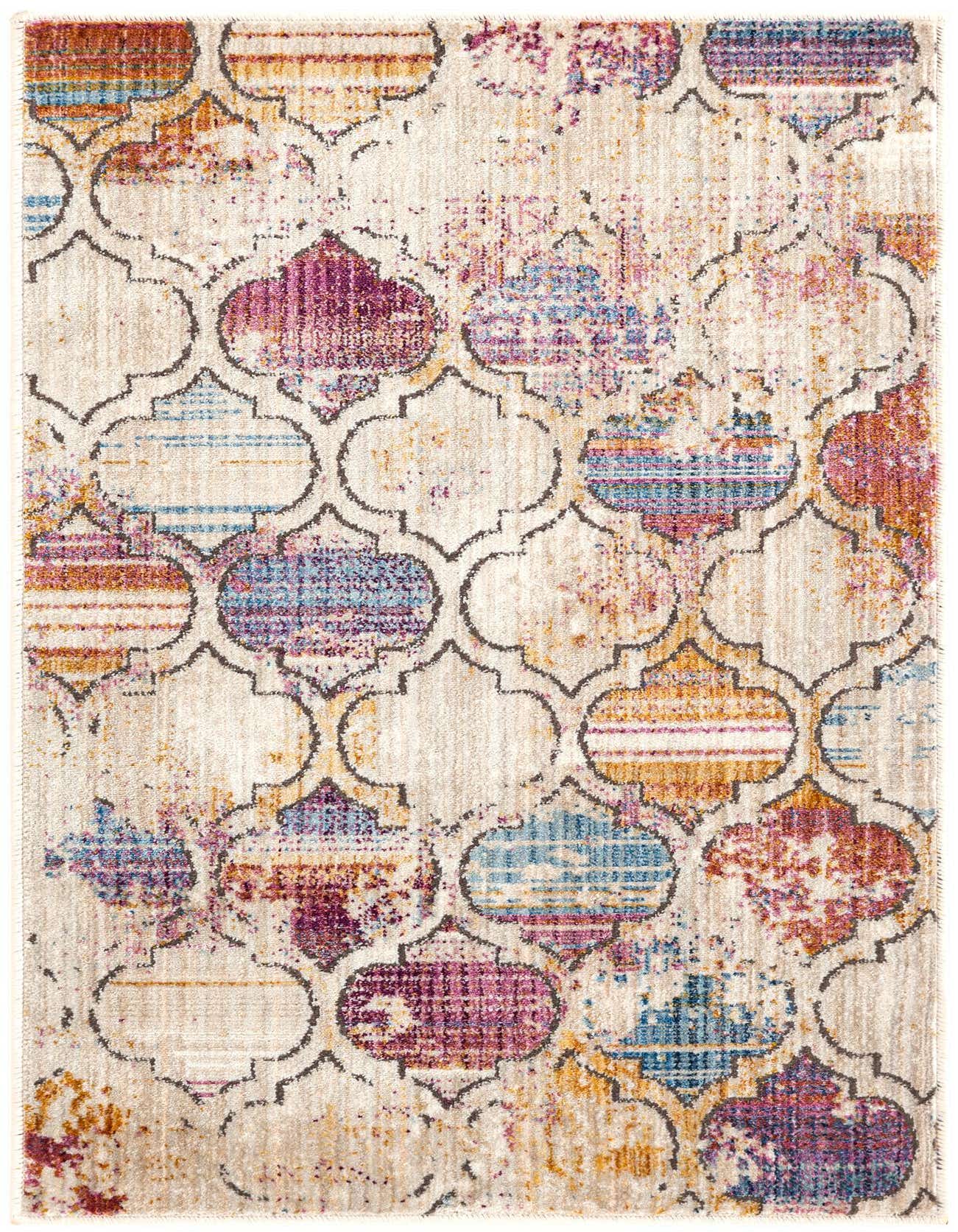 A 2x3 rectangular Deepa rug featuring a multi-colored medallion pattern with distressed blues, purples, and oranges on a cream background.