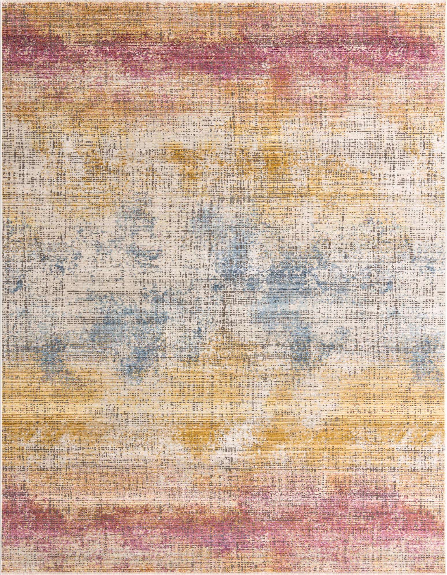 A rectangular 9x12 multi-colored rug with an abstract, distressed pattern in shades of pink, yellow, and blue, ideal for a living room.