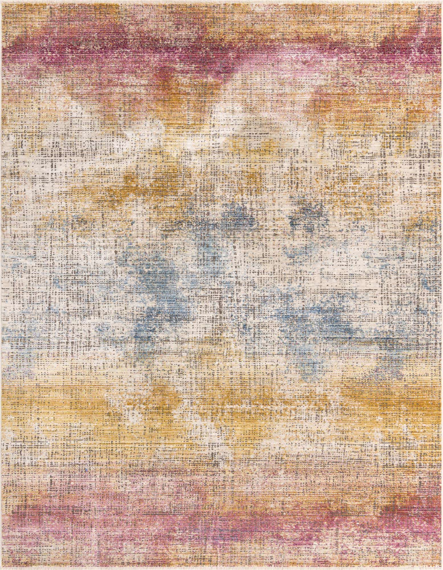 A rectangular 8x10 multi-colored rug with an abstract, distressed pattern in shades of pink, gold, and blue.