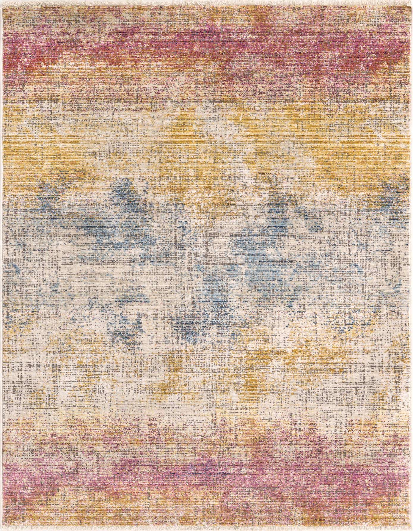 A 4x6 rectangular multi-colored area rug featuring an abstract, distressed pattern with bands of fuchsia, yellow, and blue on a light background, suitable for a living room.