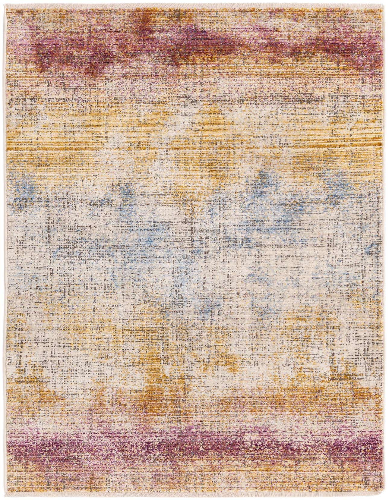 A 3x5 rectangular multi-colored rug with an abstract, distressed pattern in shades of purple, yellow, and blue, ideal for a patio.