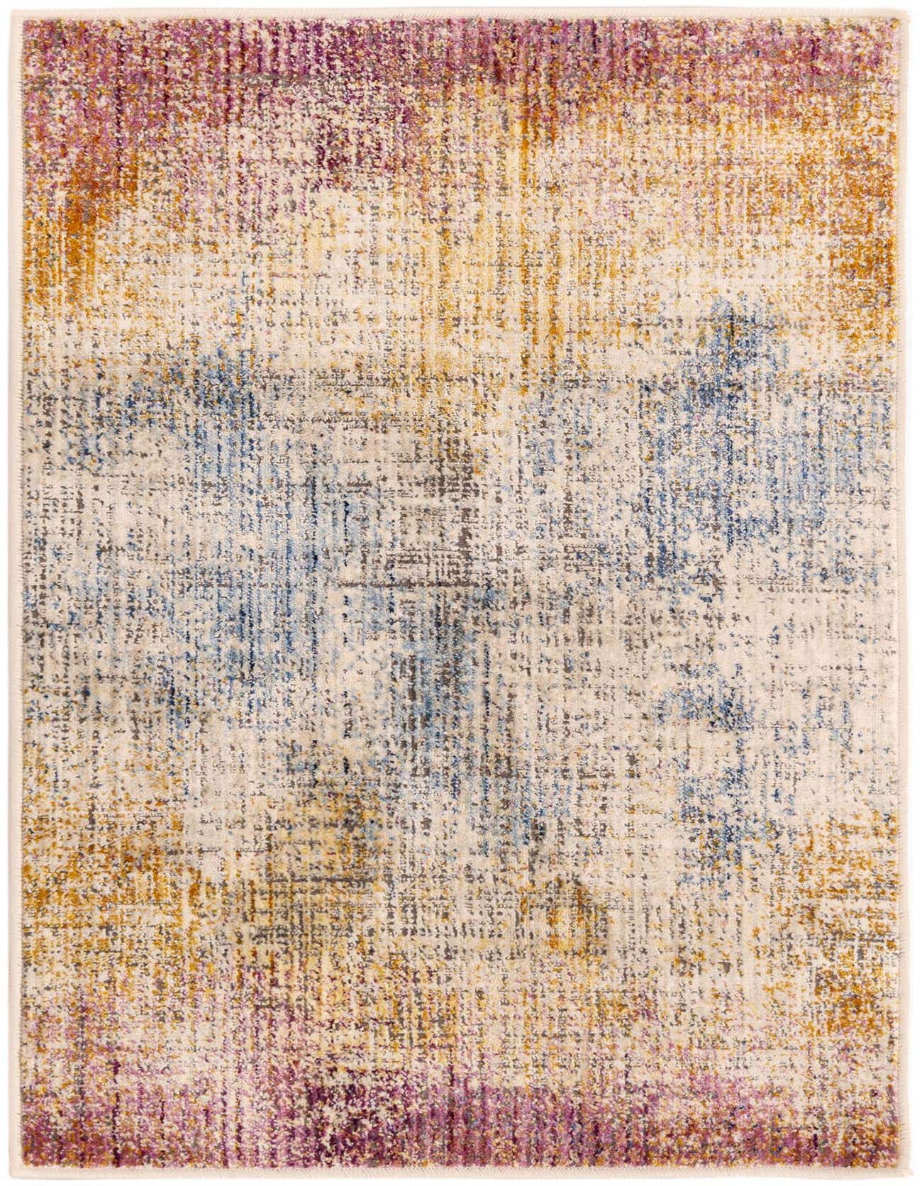 A 2x3 rectangular rug with a multi-colored abstract pattern featuring shades of purple, gold, and blue on a cream background.