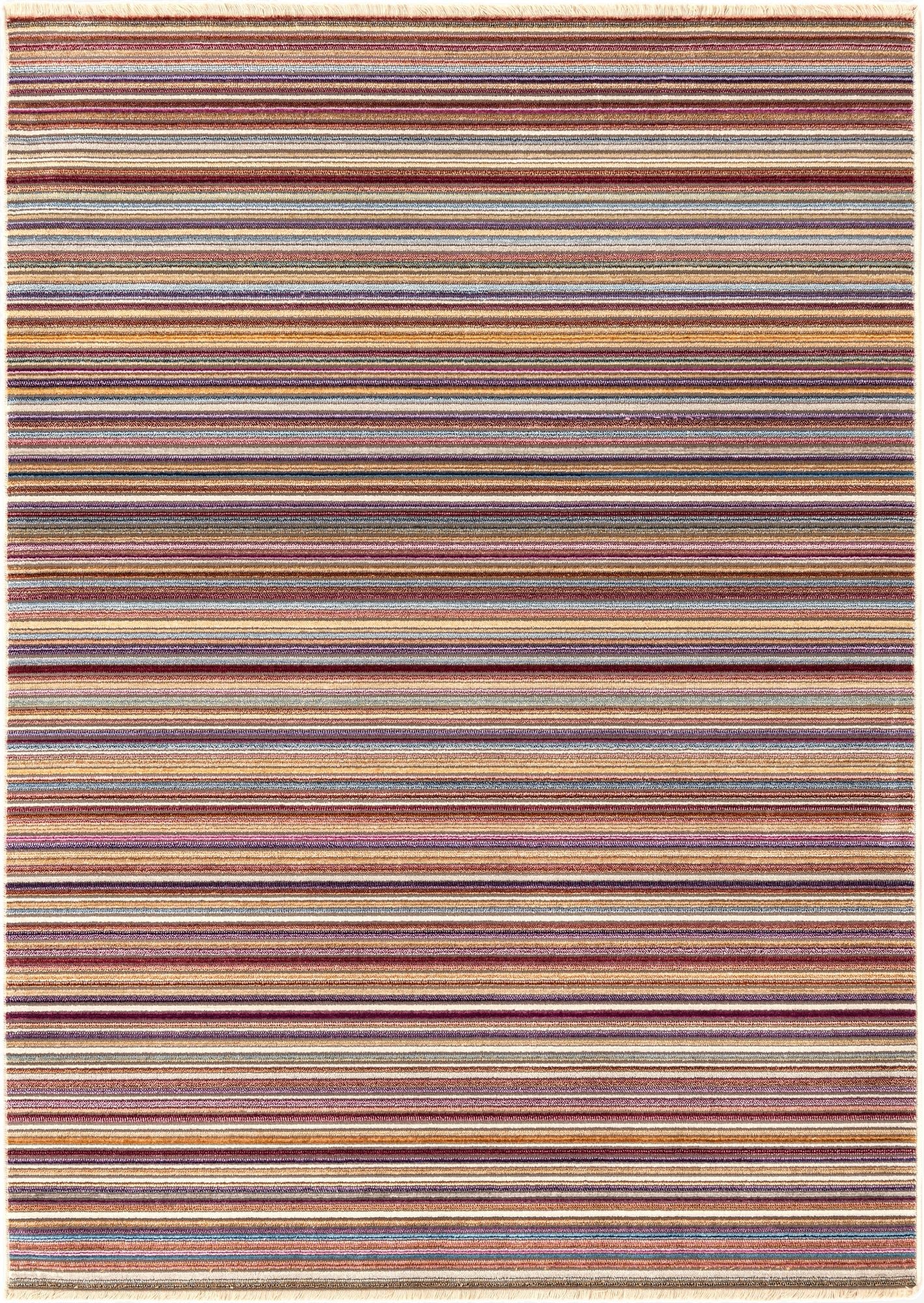 A 4x6 rectangular Deepa rug from Rugs.com featuring a vibrant multi-colored stripe pattern with fringe.