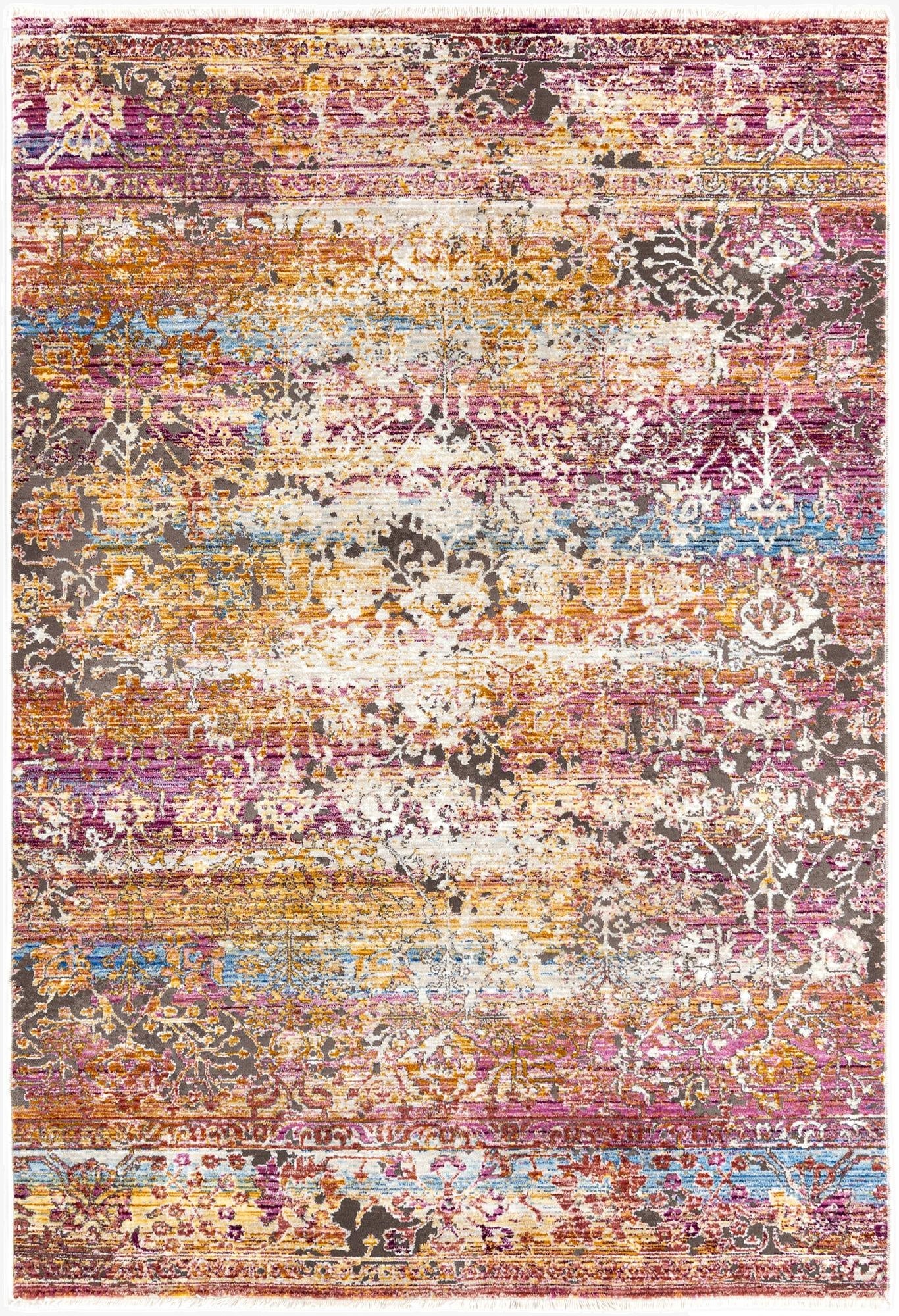 A rectangular 4x6 multi-colored area rug with a distressed traditional pattern, featuring shades of purple, orange, blue, and white.