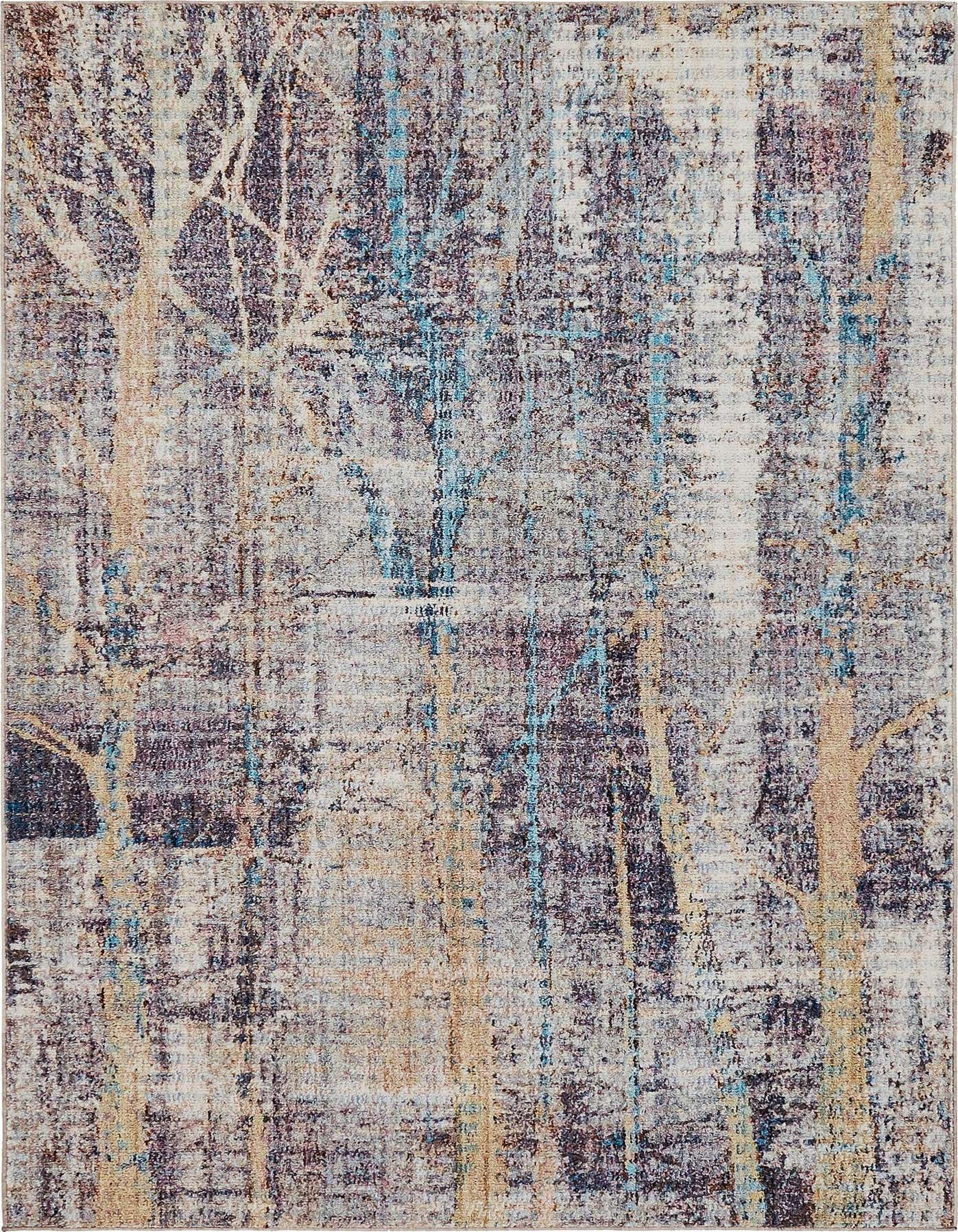 A 5x8 rectangular multi-colored rug featuring an abstract botanical pattern with tree-like forms and vertical stripes in a modern, eclectic style.