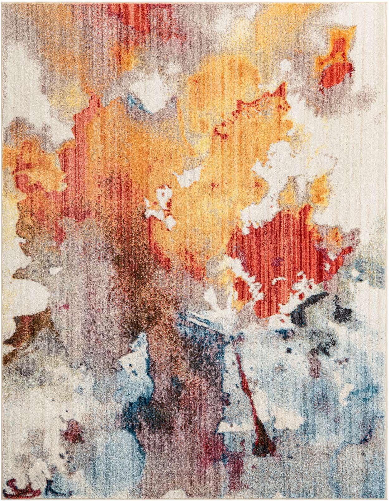 A rectangular 5x8 multi-colored abstract rug with vibrant orange, red, blue, and grey brushstrokes on a light background, suitable for a living room.