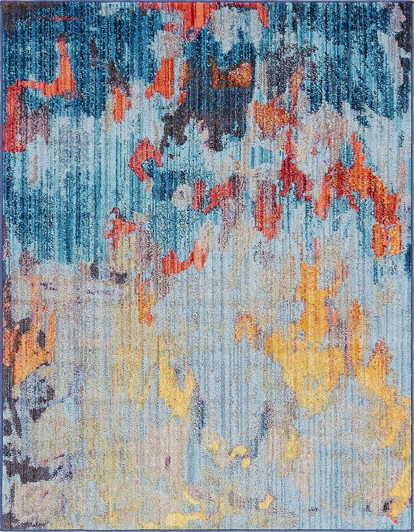 A 4x6 multi-colored rectangular rug with an abstract, urban pattern featuring shades of blue, orange, red, and yellow.