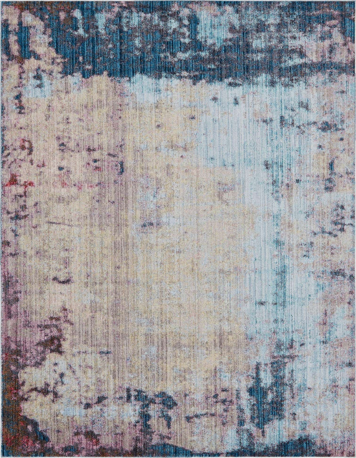 A 9x12 multi-colored rectangular rug with an abstract, eclectic pattern featuring shades of blue, beige, and subtle pink.