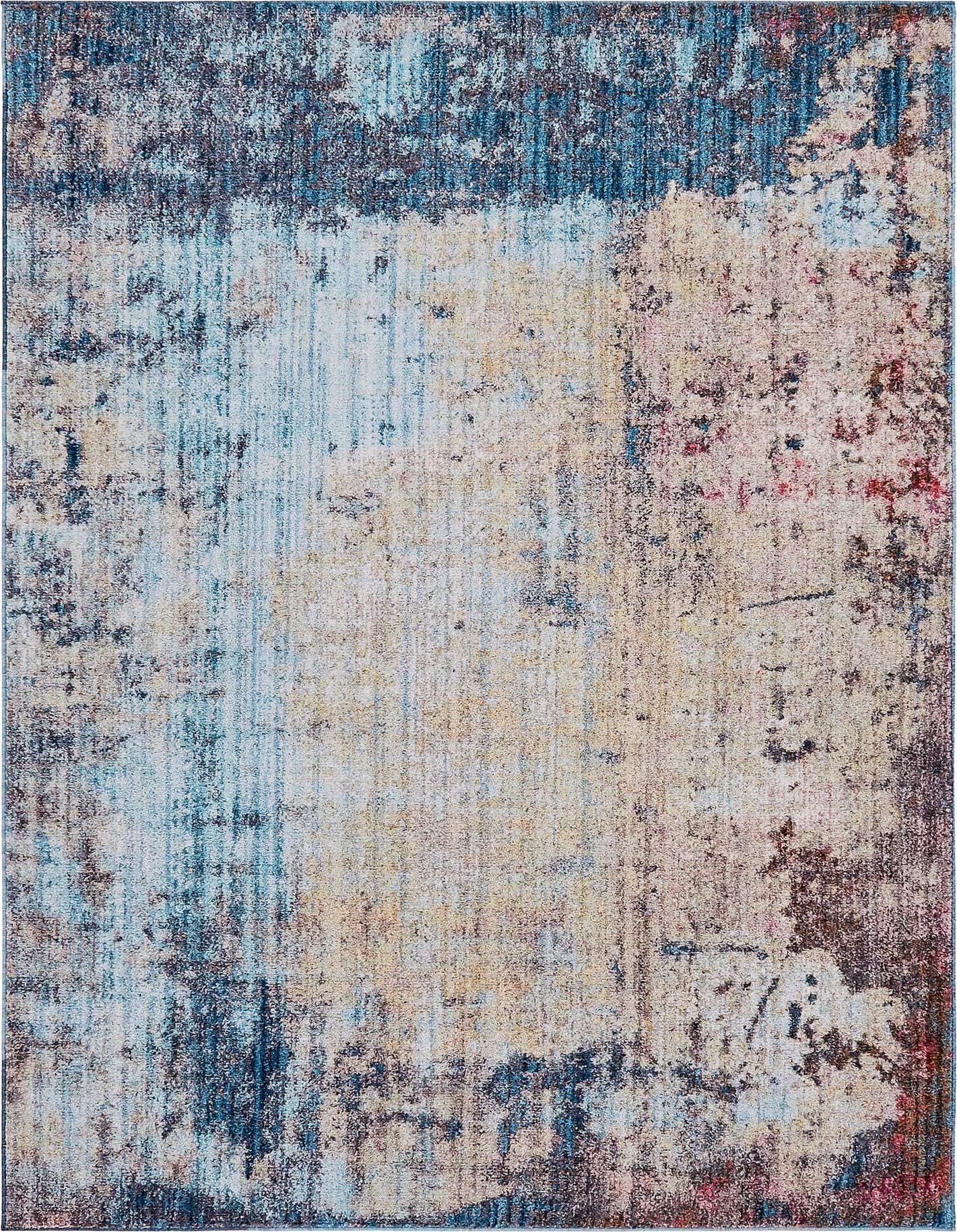 A rectangular 5x8 multi-colored abstract rug with an urban, distressed pattern in shades of blue, beige, and hints of red.