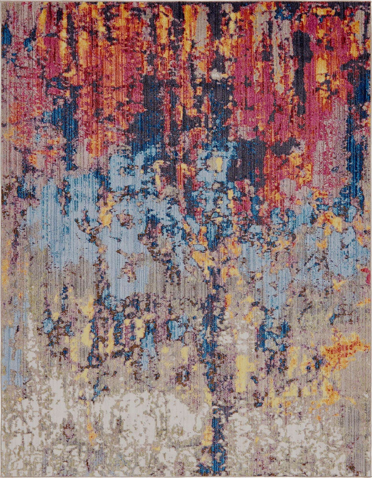 A vibrant 8x10 rectangular area rug featuring an abstract, multi-colored design with shades of red, blue, yellow, and gray, suitable for a modern living room.
