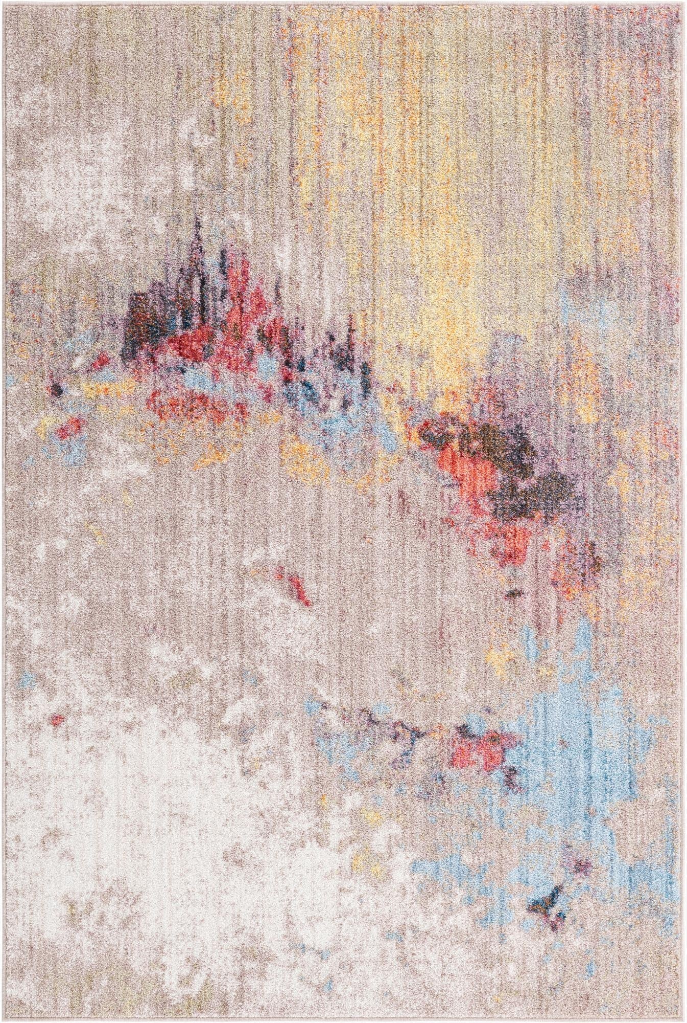 A 4x6 rectangular multi-colored abstract rug with an urban, eclectic design, featuring splashes of red, blue, and yellow on a neutral background.