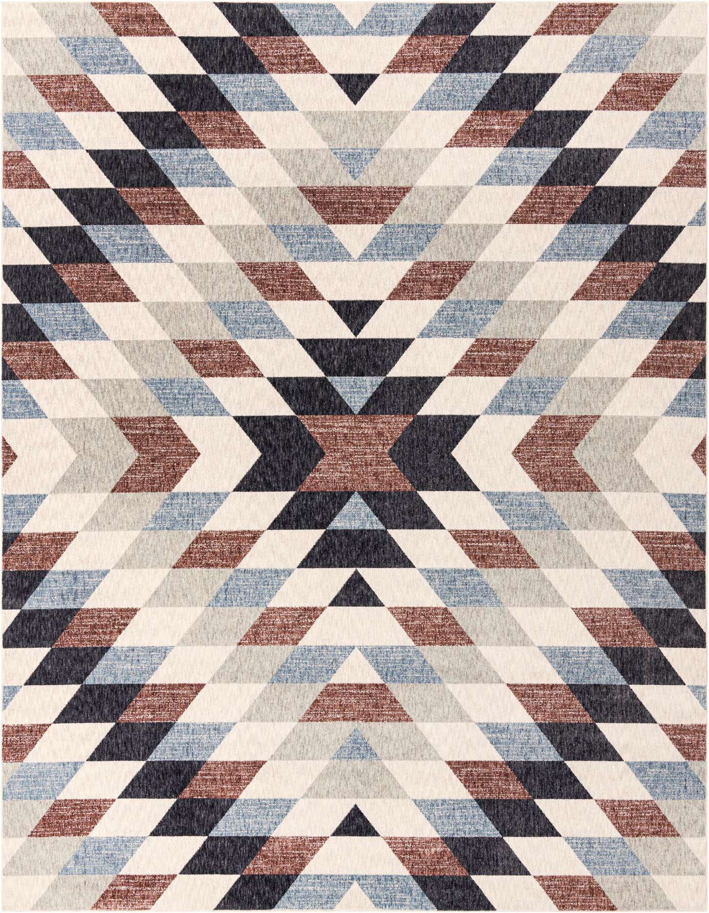 A 10x13 rectangular Eco Southwestern rug featuring a modern tribal pattern in multi-colored shades of blue, brown, black, and white.