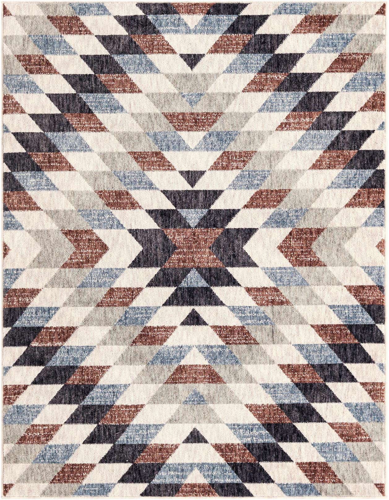 A 4x6 rectangular Eco Southwestern rug with a multi-colored geometric pattern in blues, browns, grays, and cream.