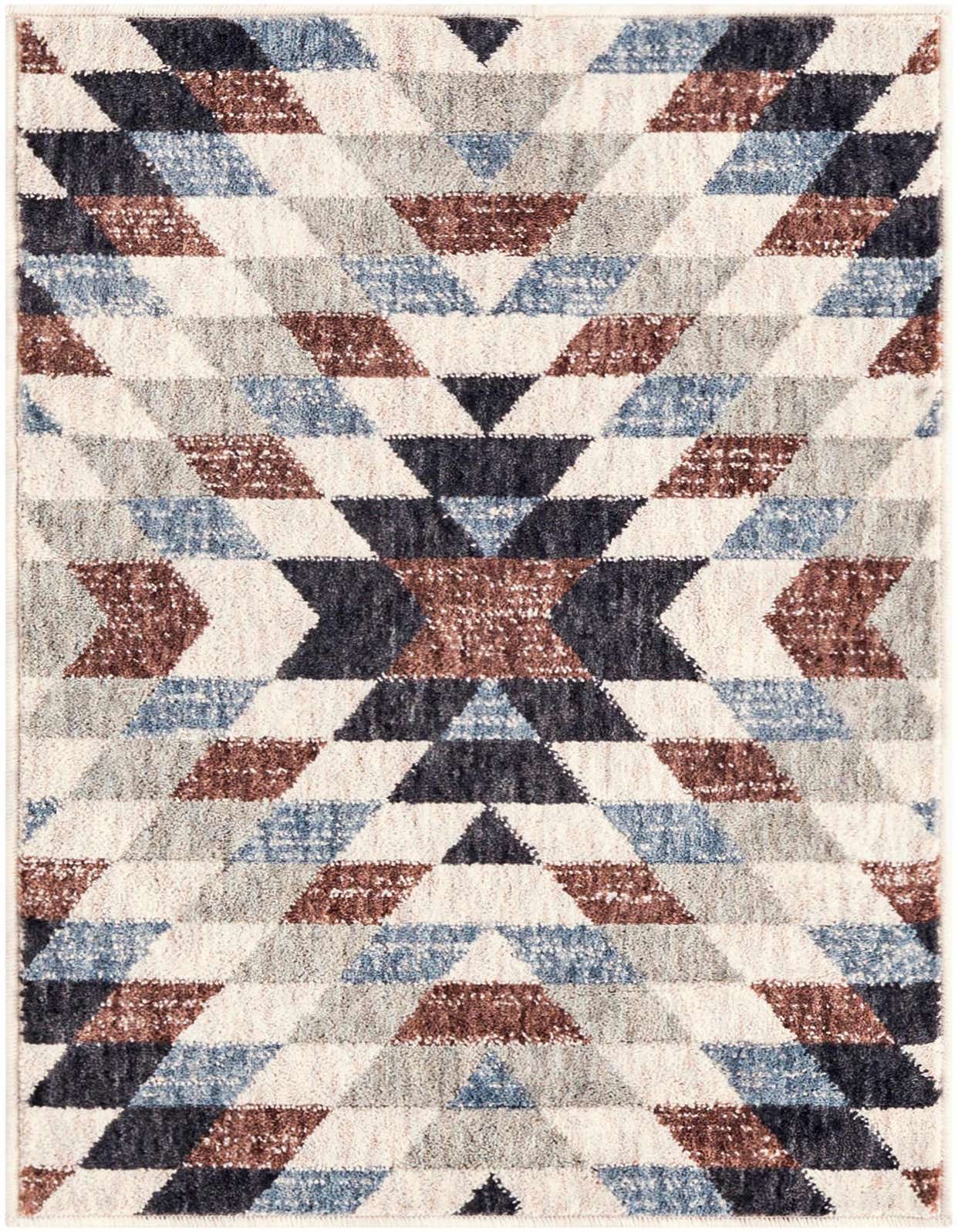 A 2x3 rectangular Eco Southwestern rug featuring a geometric pattern in multi-colored hues of blue, brown, grey, and cream.