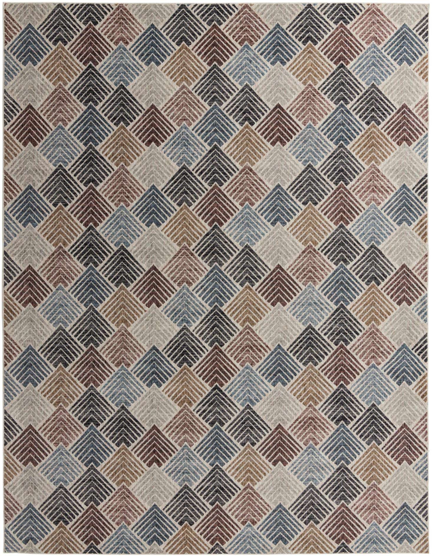 A 10x13 rectangular Eco Trellis rug featuring a modern multi-colored geometric pattern of stacked chevron shapes in blue, brown, black, and beige.