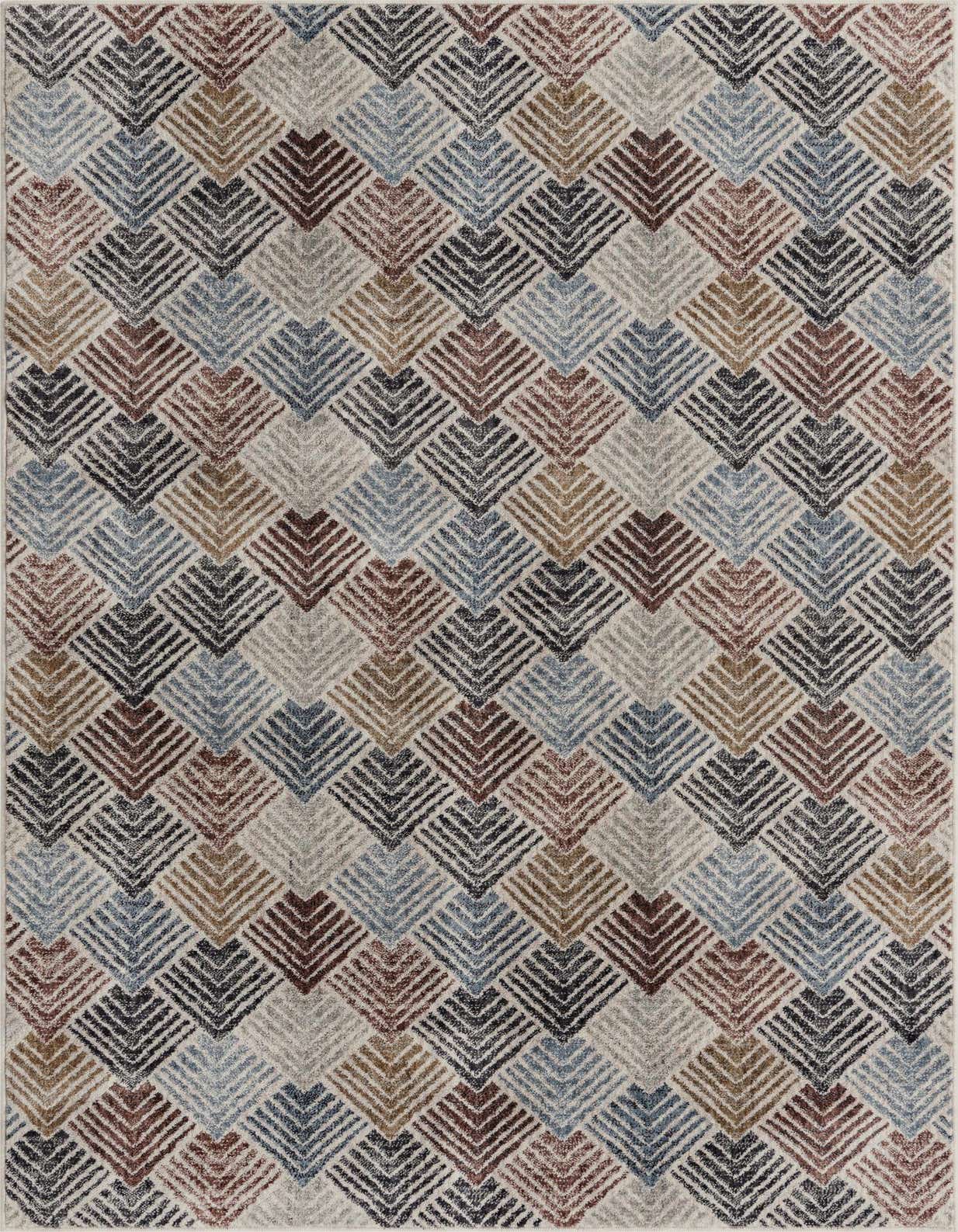 A 5x8 rectangular Eco Trellis rug featuring a modern multi-colored geometric pattern of interlocking V-shapes in blue, brown, black, and grey on a light background.