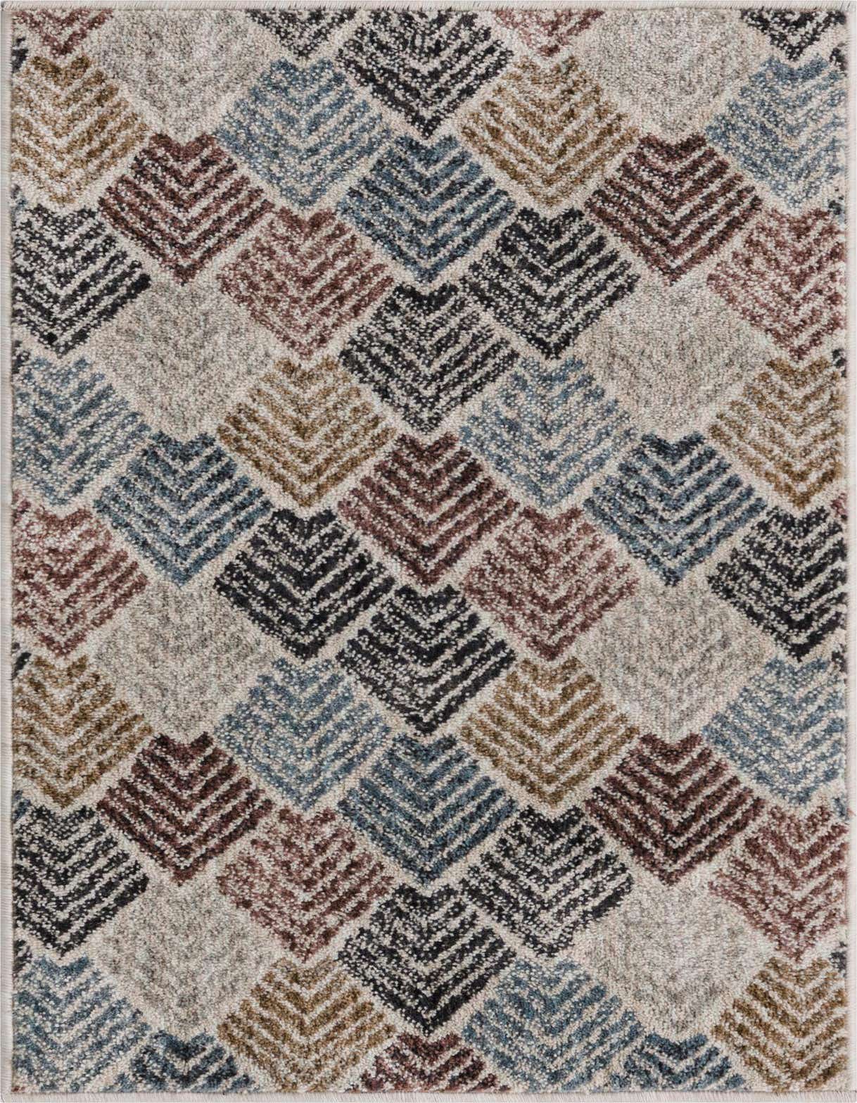 A 2x3 rectangular Eco Trellis rug featuring a modern multi-colored pattern of chevron diamonds in blue, brown, black, and beige.