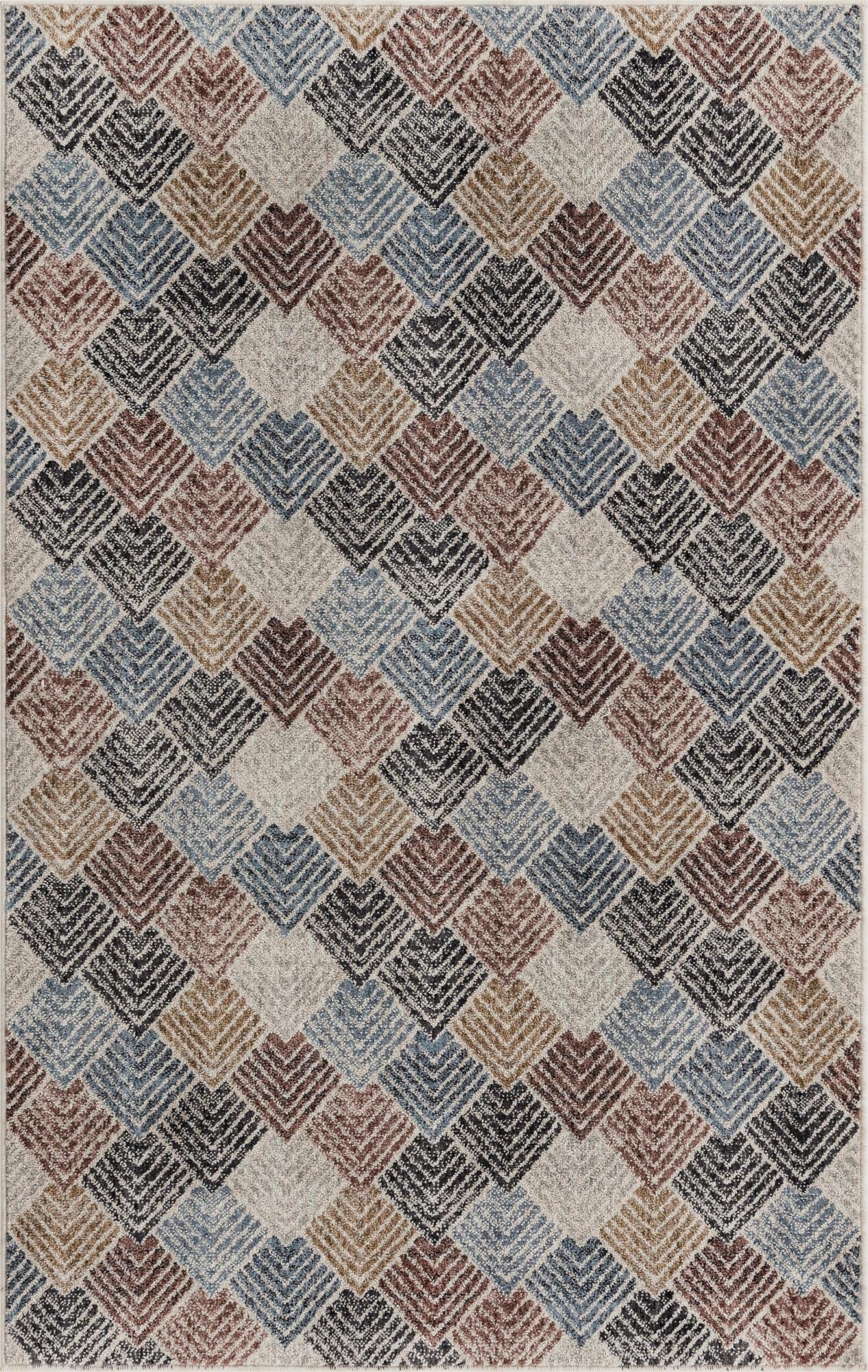 A 4x6 rectangular Eco Trellis rug featuring a modern multi-colored geometric pattern of interlocking diamonds in blue, brown, black, and beige.
