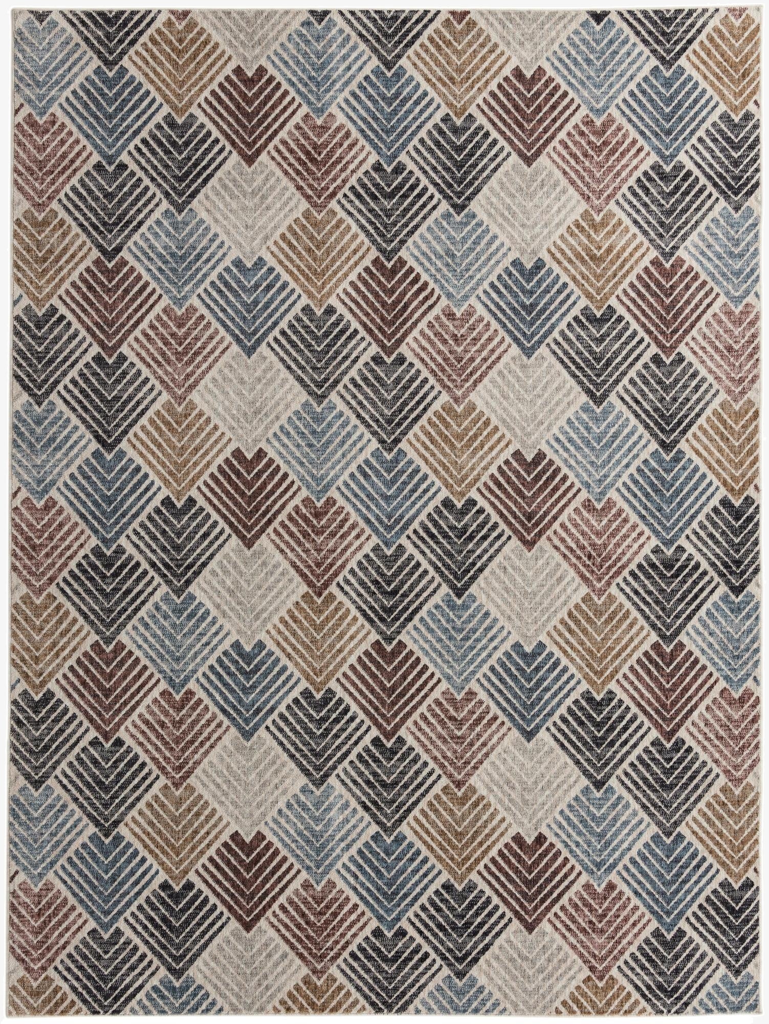 An 8x10 rectangular Eco Trellis rug featuring a modern multi-colored geometric pattern with shades of blue, brown, and grey on a light background.