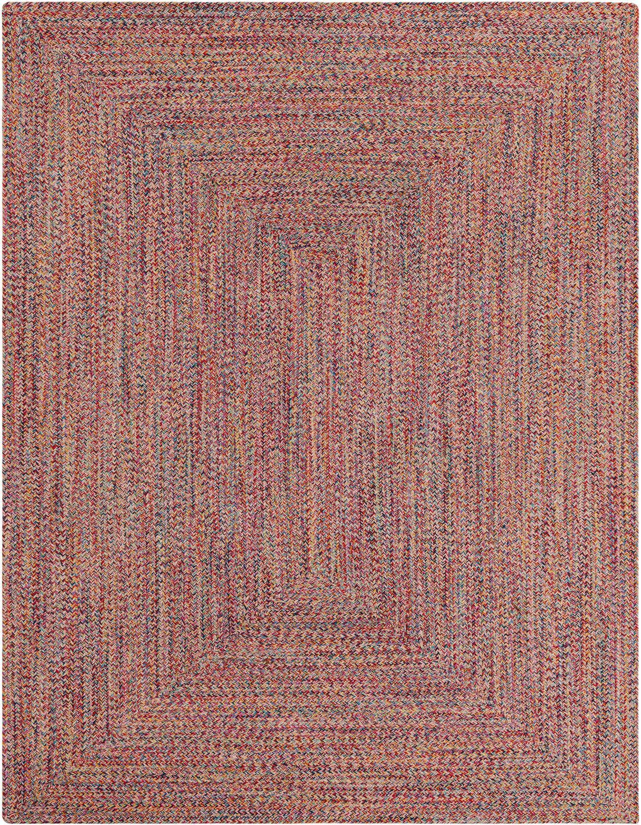 A 5x8 rectangular multi-colored braided rug with a modern stripe pattern, suitable for indoor or outdoor use.