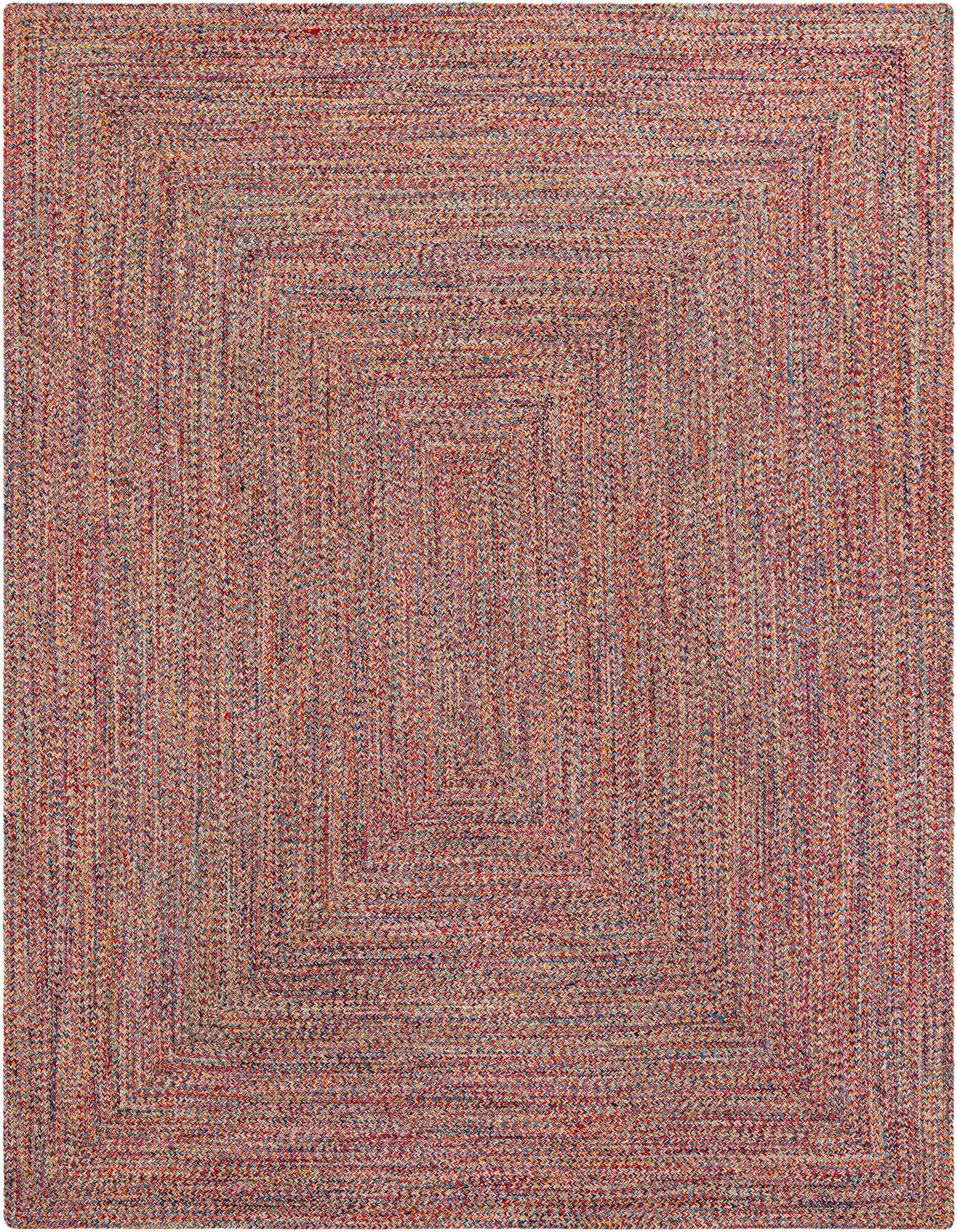 A rectangular 8x10 multi-colored braided rug with a modern stripe pattern, suitable for indoor or outdoor use.