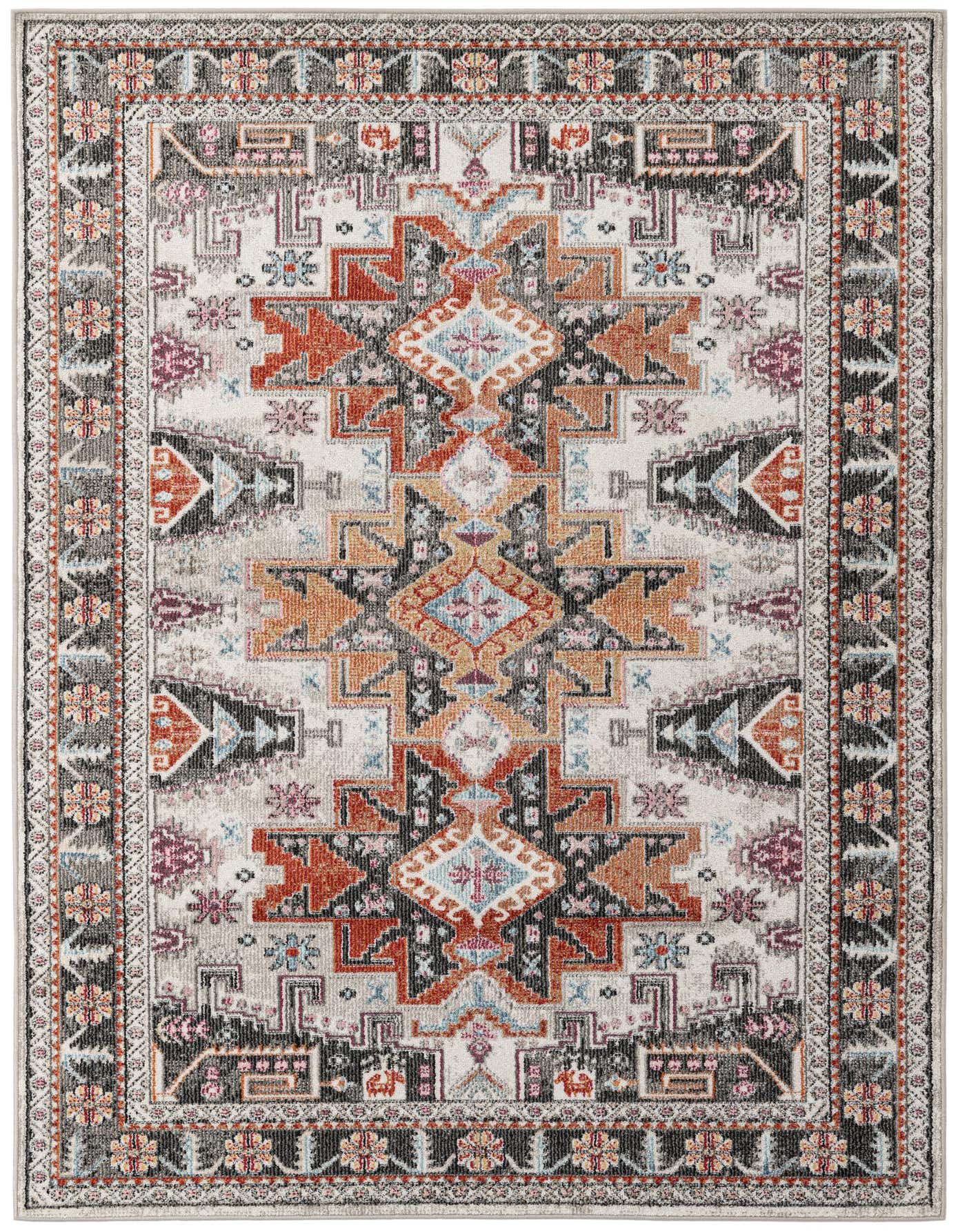 A 5x8 rectangular multi-colored traditional rug featuring a vibrant central medallion and geometric patterns in orange, black, and blue on a light background.