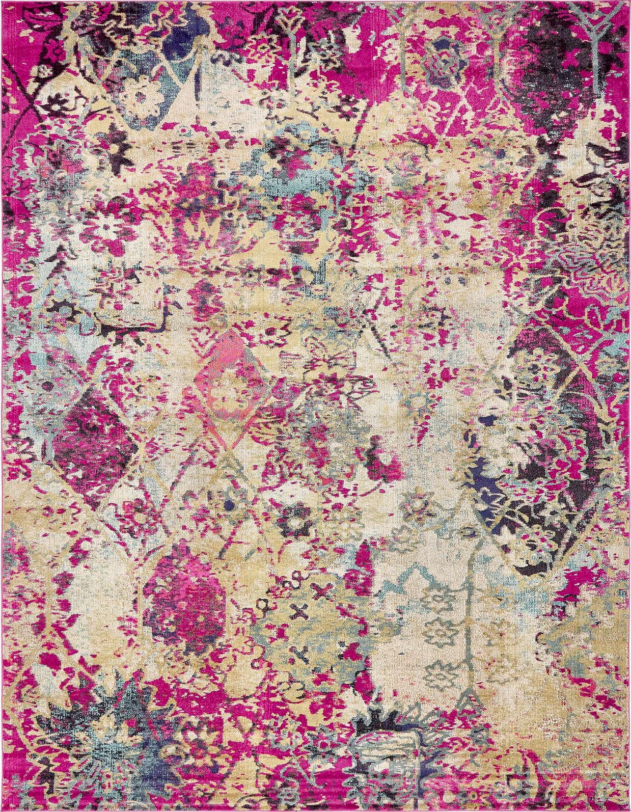 A rectangular multi-colored Bohemian El Paso Palace rug with an abstract, distressed pattern in shades of fuchsia, blue, yellow, and black.