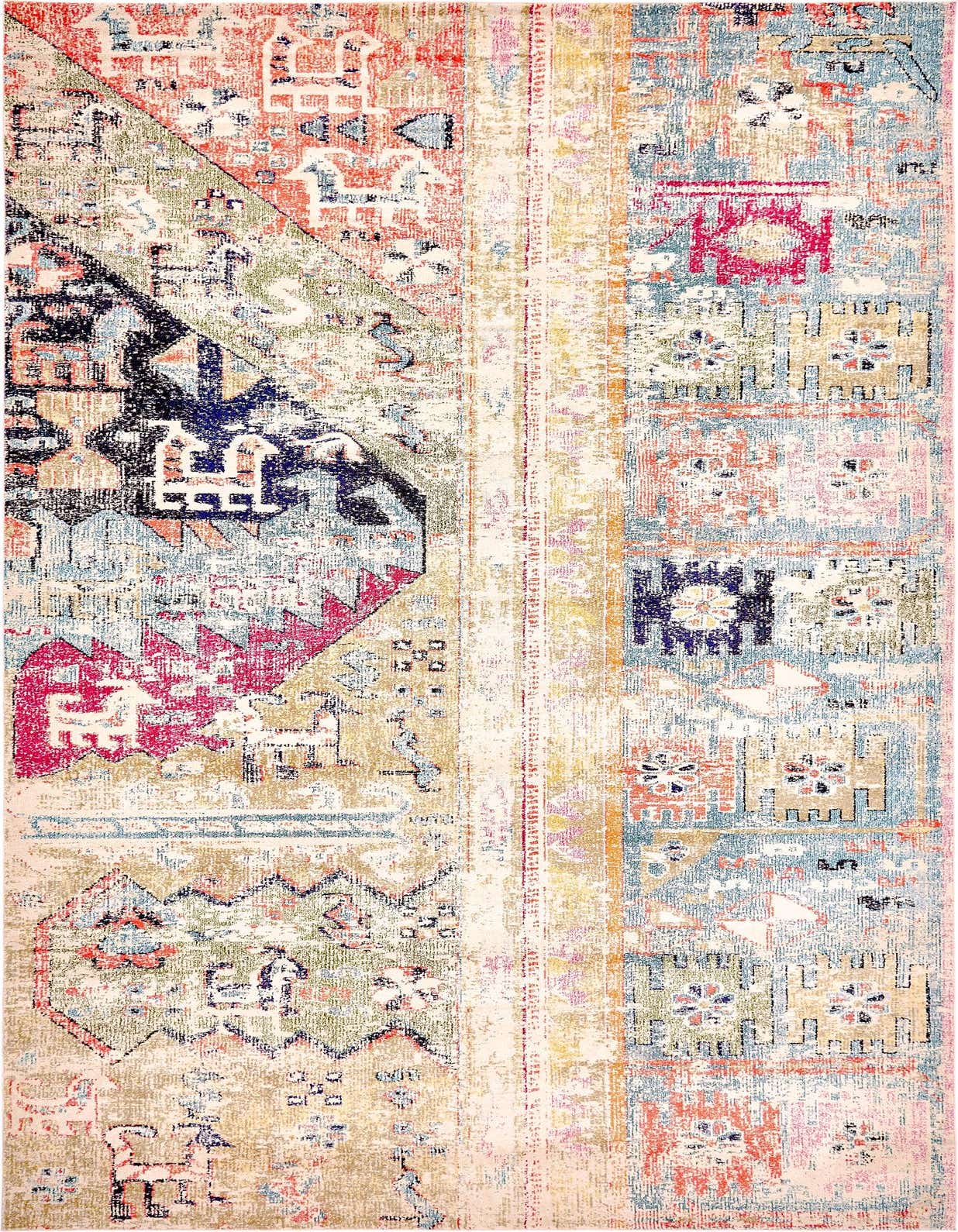 Multi-colored rectangular area rug with a distressed Bohemian and Southwestern tribal pattern, featuring shades of red, blue, green, and yellow.