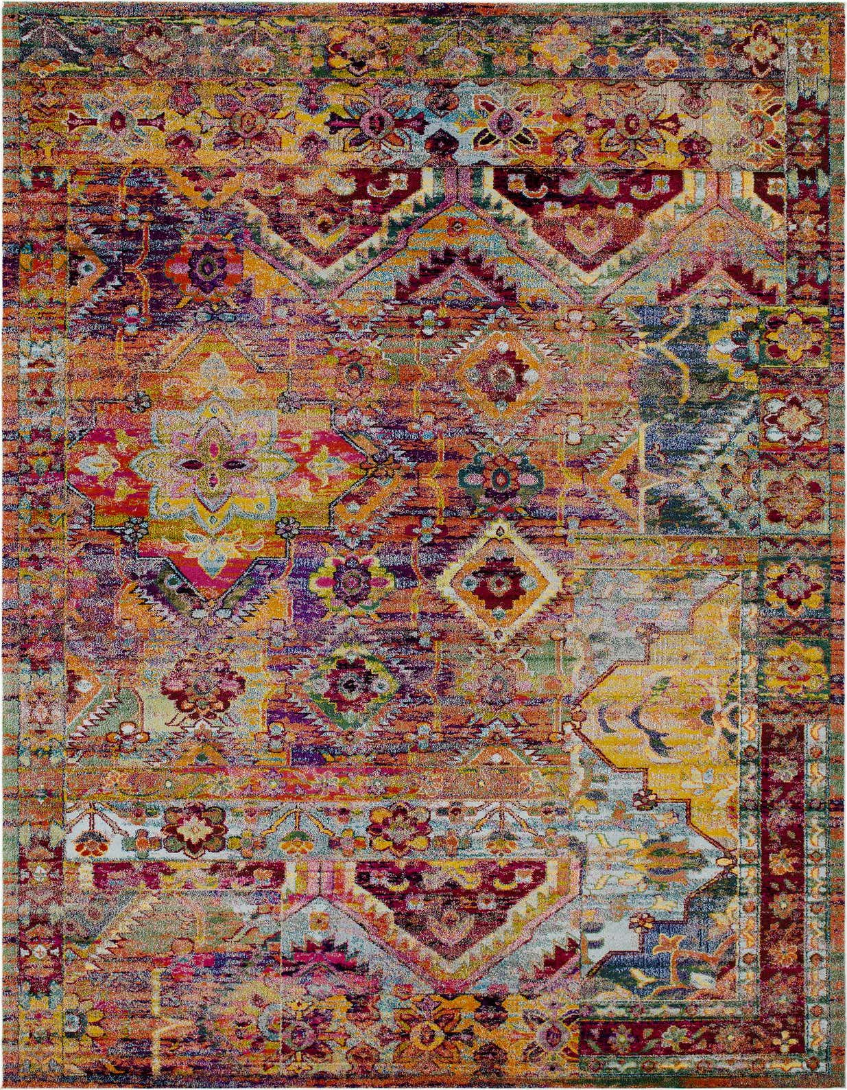 A vibrant, multi-colored rectangular El Paso rug featuring a distressed Bohemian and Southwestern pattern with tribal motifs, ideal for a living room or bedroom.
