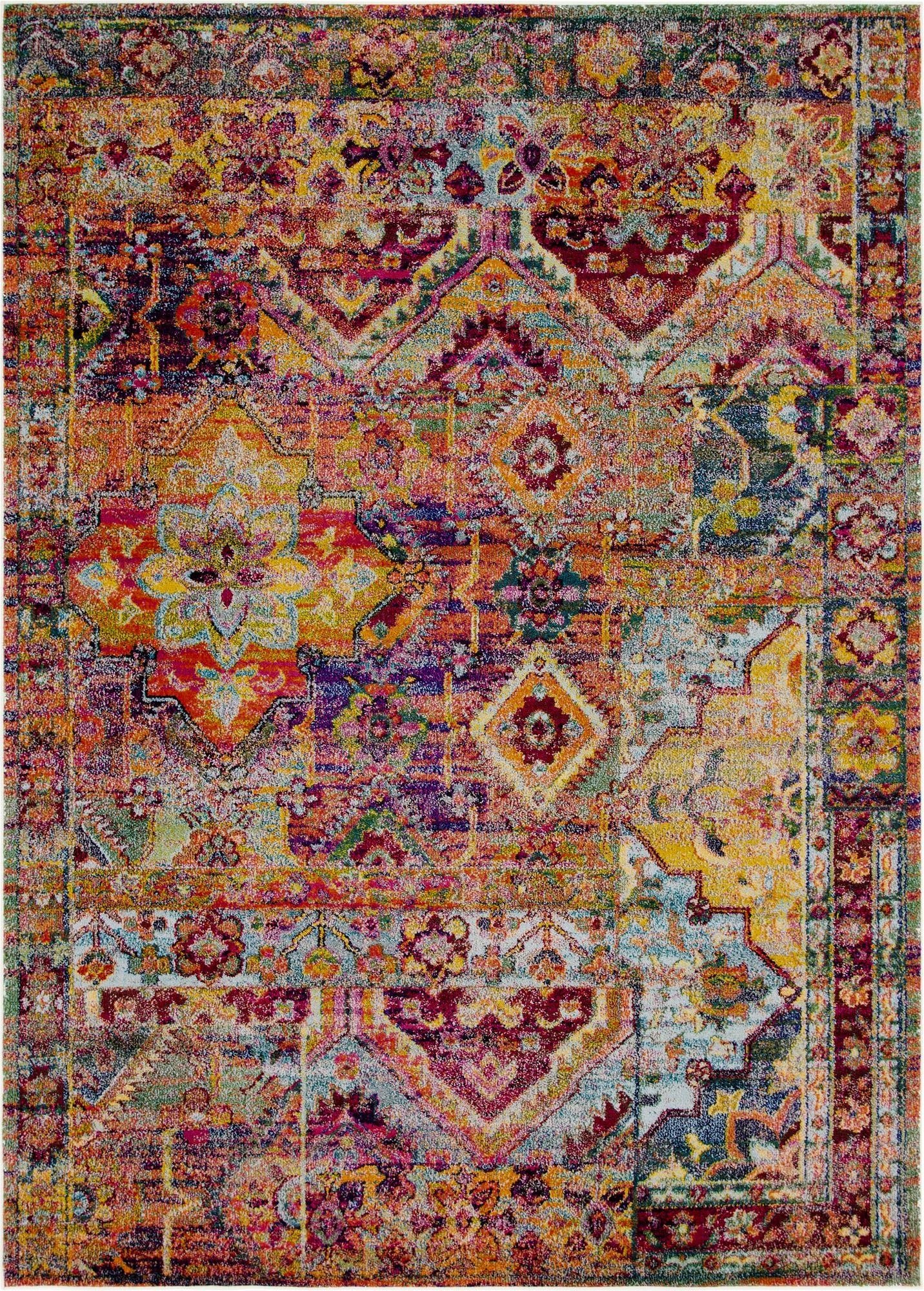 A 9x12 multi-colored rectangular El Paso rug with a distressed Bohemian and Southwestern pattern, ideal for a living room.