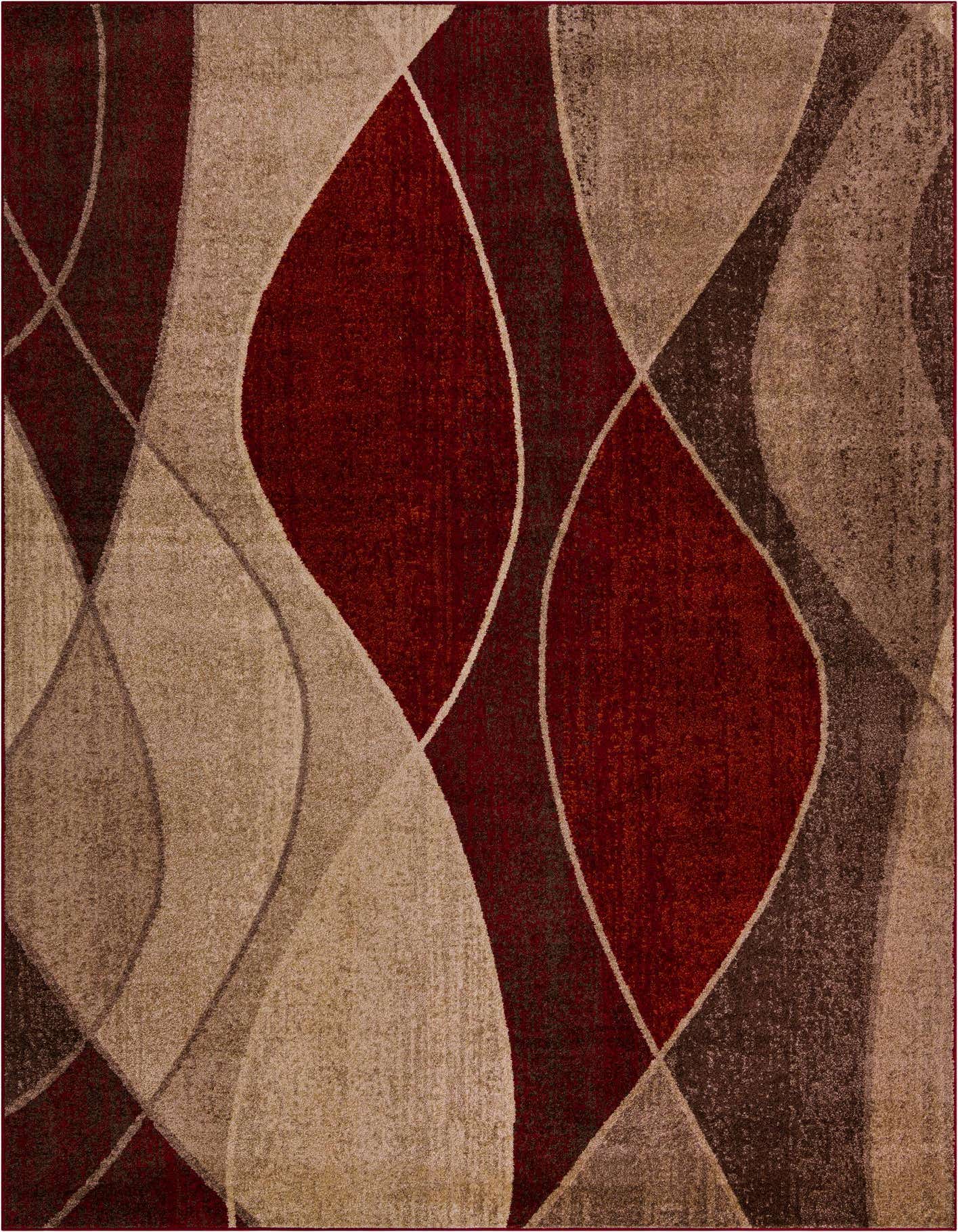 A 10x14 rectangular rug with a modern abstract pattern in shades of red, beige, and brown, featuring flowing organic shapes.