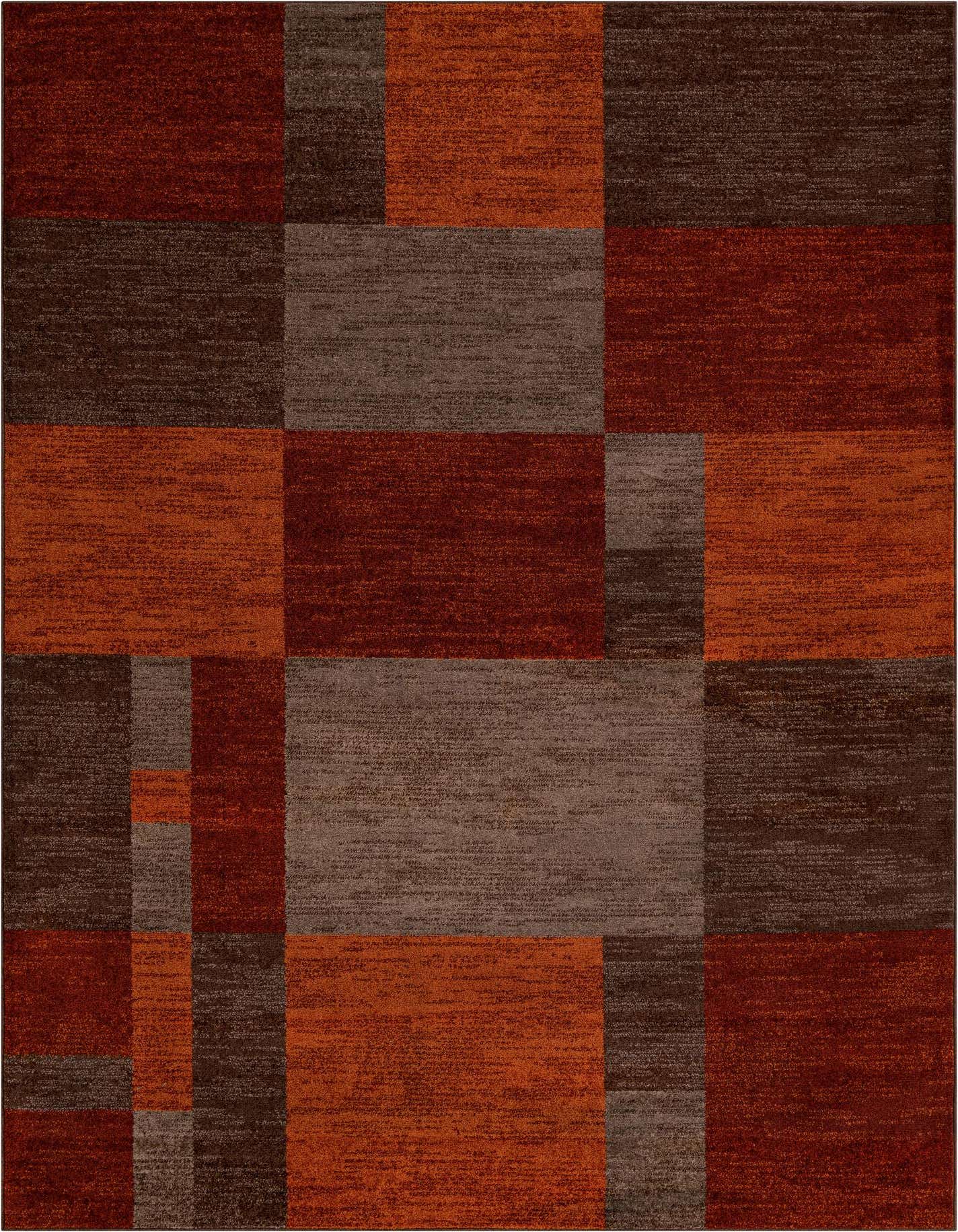A rectangular 8x11 Rugs.com Equinox rug featuring a contemporary block pattern in multi-colored shades of rust, orange, brown, and grey.