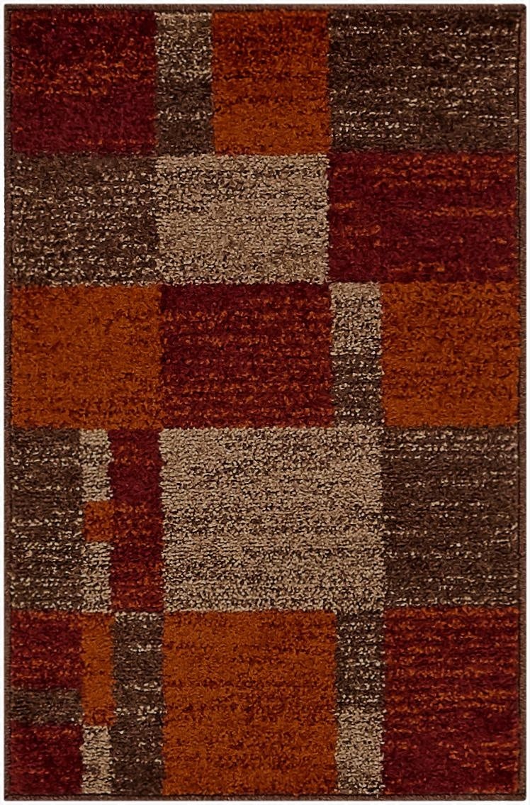 A 2x3 rectangular Equinox rug featuring a modern block pattern in shades of red, orange, brown, and beige.